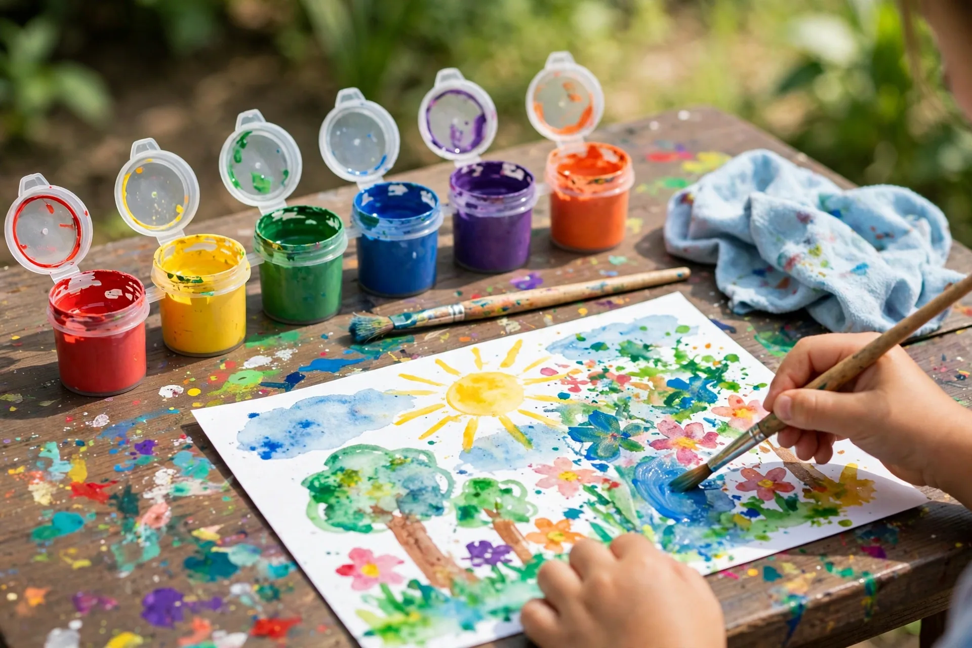 Washable kids paint pots with a brush and colorful painting