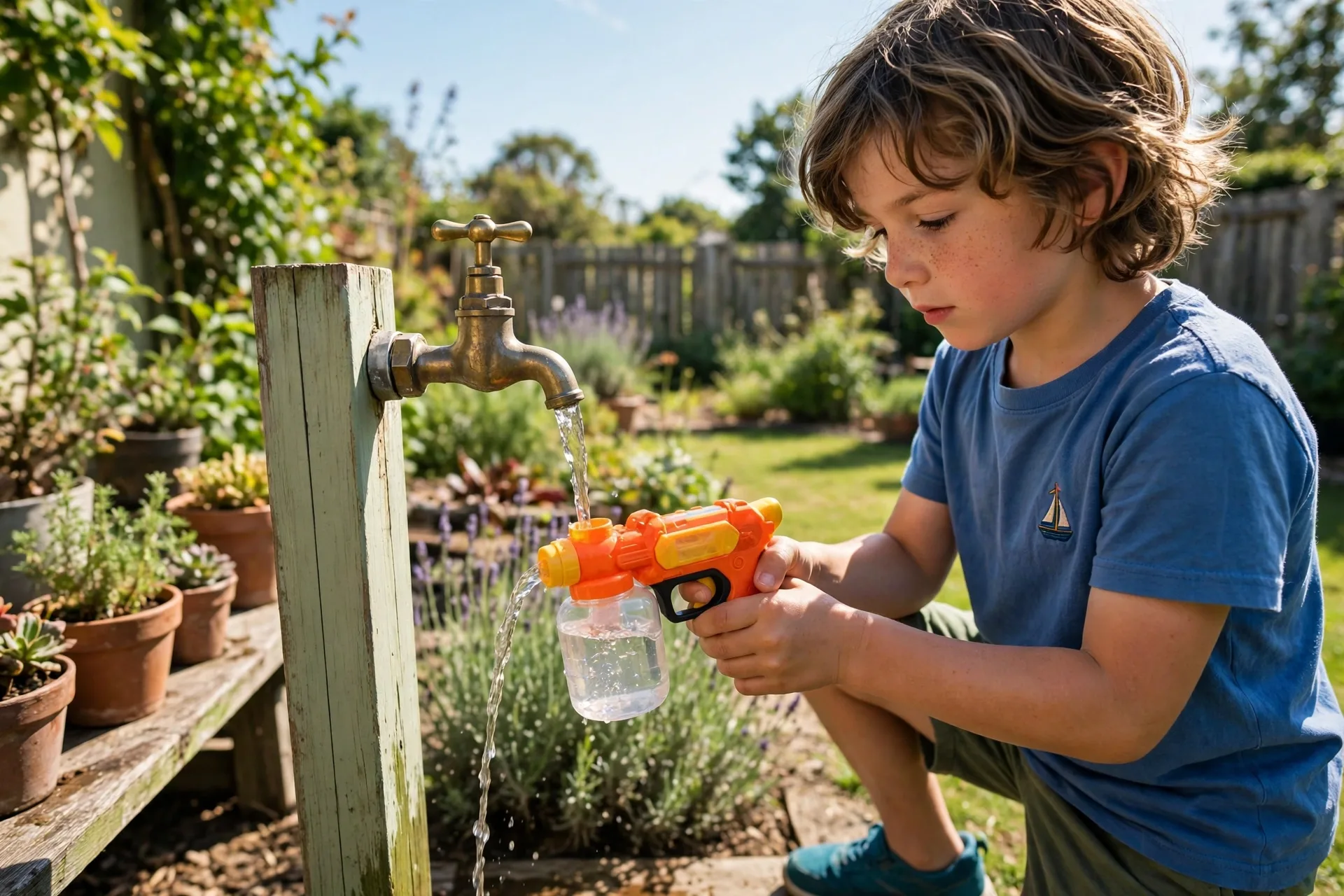 Mini water blaster filled from a garden tap
