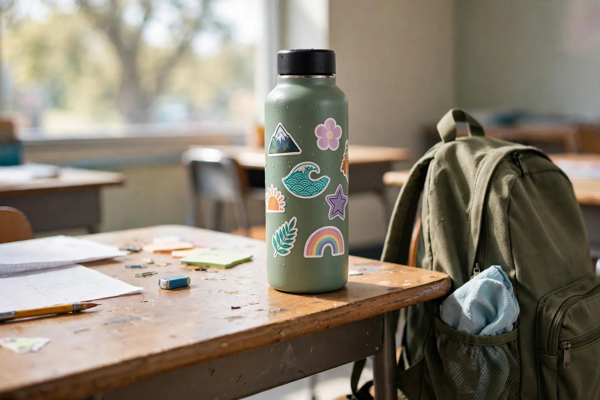 Insulated water bottle with stickers on a school desk