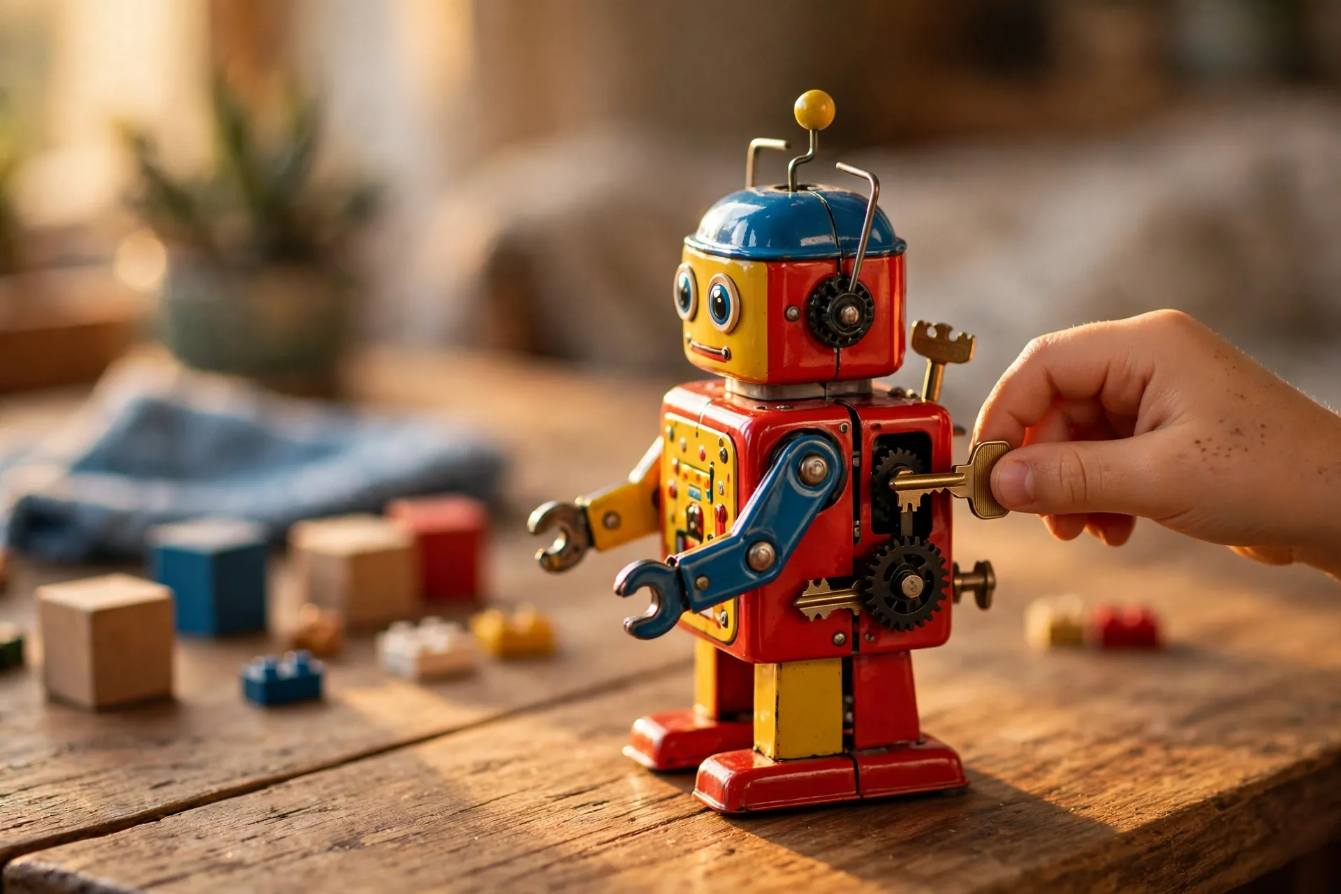 Wind-up robot toy waddling across a table