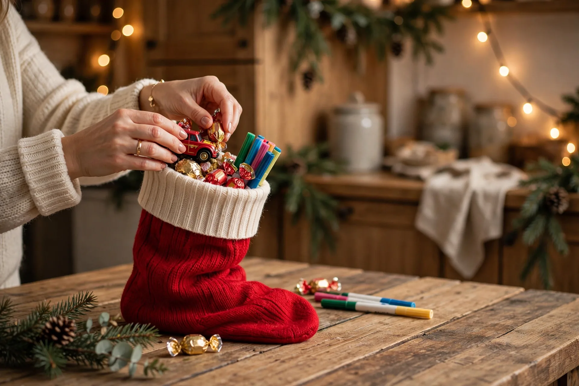 Mom's hands stuffing a Christmas stocking with a toy car, markers and wrapped candy on a kitchen table, holiday kitchen with string lights behind