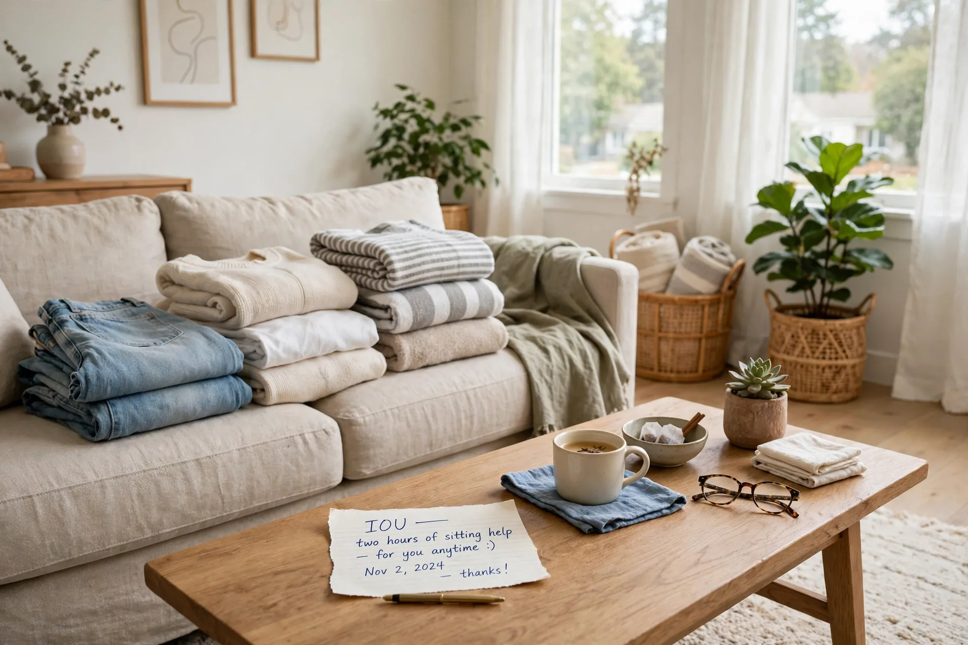 Bright clean living room with folded laundry and a handwritten IOU note for sitting help on the coffee table
