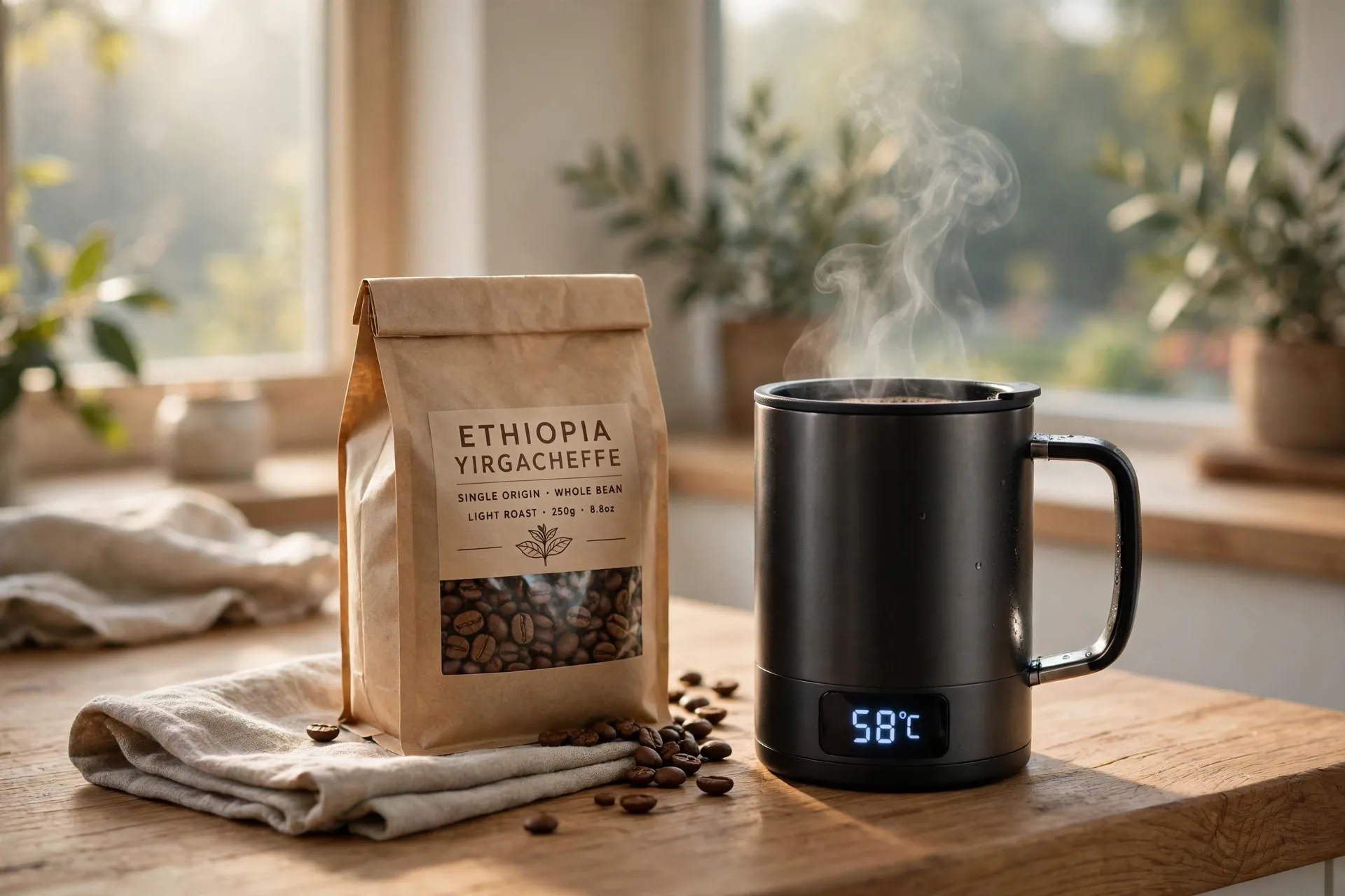 Steaming temperature-control coffee mug on a kitchen counter beside a bag of coffee beans