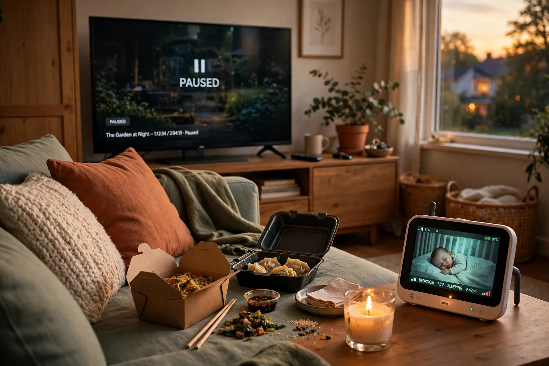 Cozy at-home date night setup on a couch: takeout containers, a lit candle and a movie paused on the TV