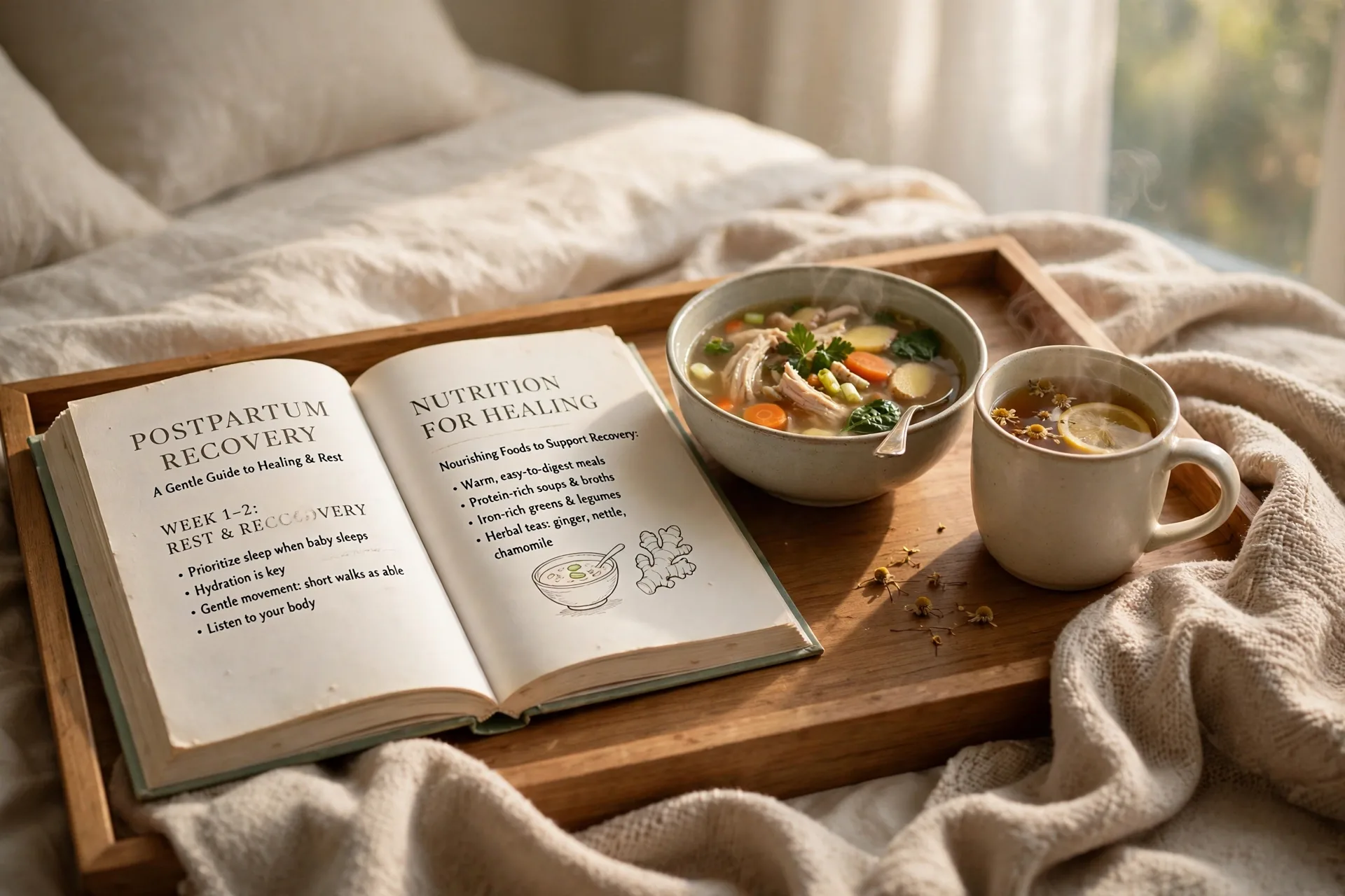 Open postpartum recovery book with a bowl of healing soup on a bed tray with a soft blanket