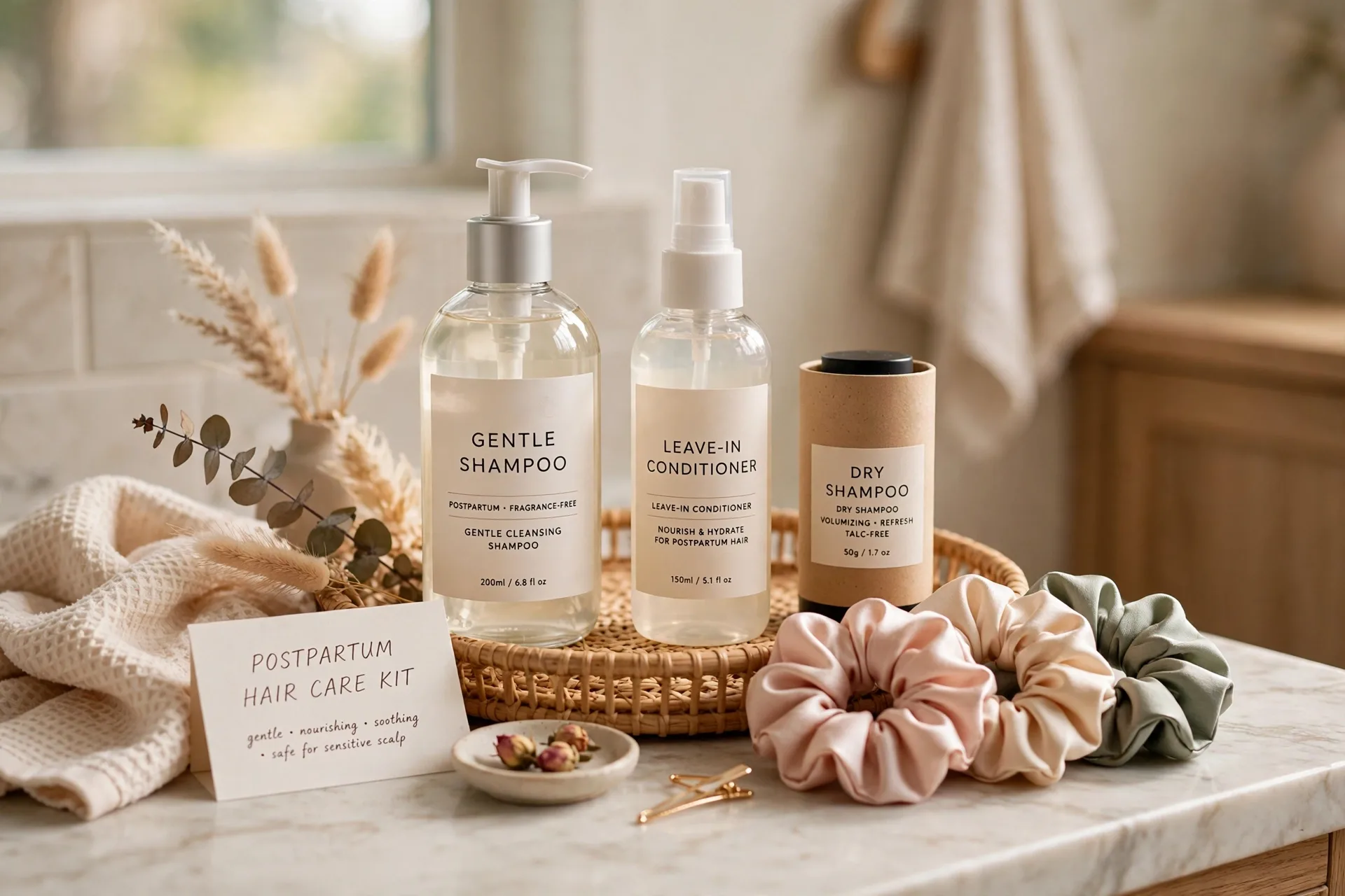 Postpartum hair care kit on a bathroom counter: gentle shampoo, leave-in conditioner, silk scrunchies and dry shampoo