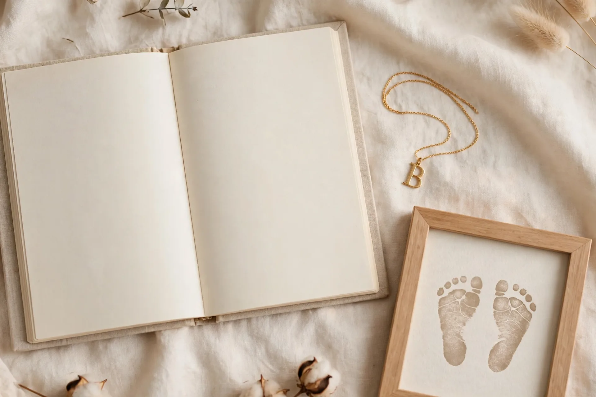 An open journal with a delicate necklace and a baby footprint keepsake