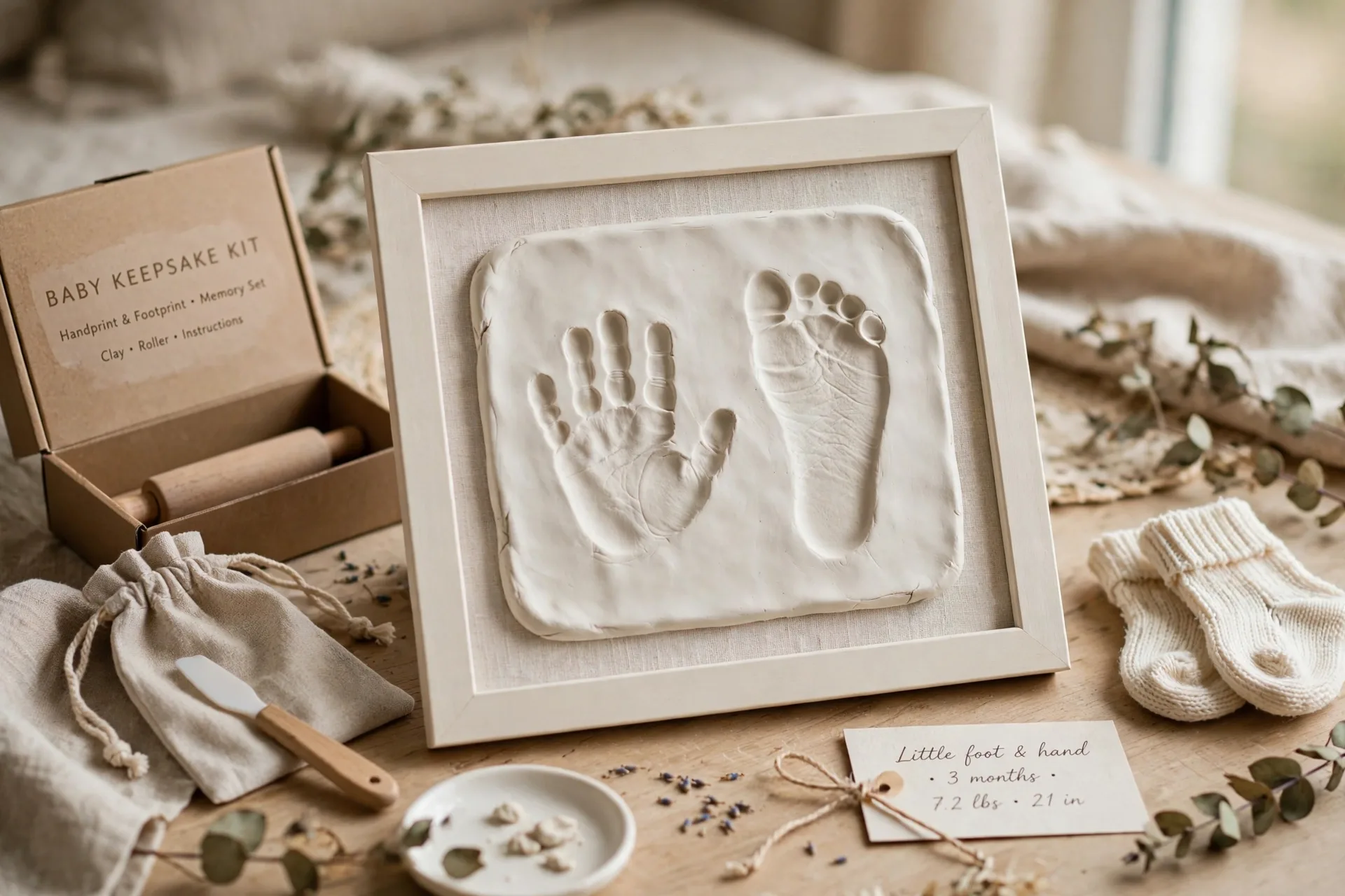 Baby handprint and footprint keepsake kit with a clay impression frame on a table