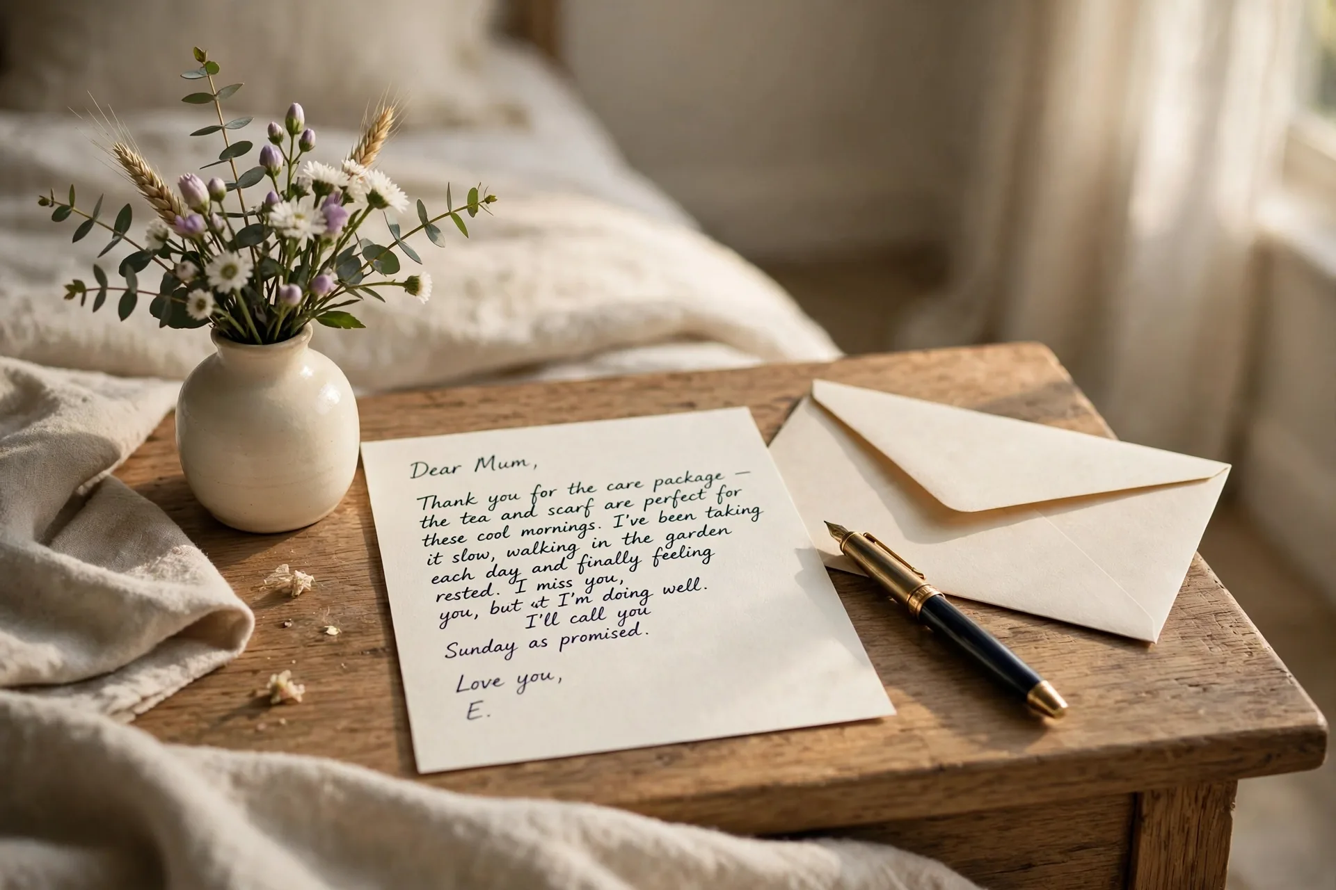 Handwritten letter on cream paper with an envelope and a pen on a bedside table in soft morning light