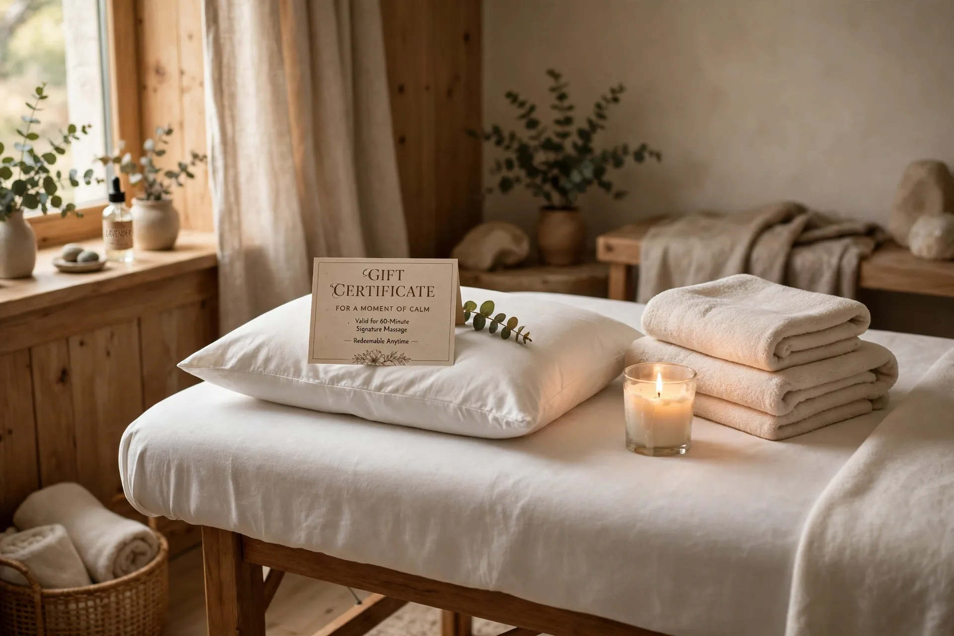 Calm spa room with a massage table, soft towels, a candle and a gift certificate on the pillow