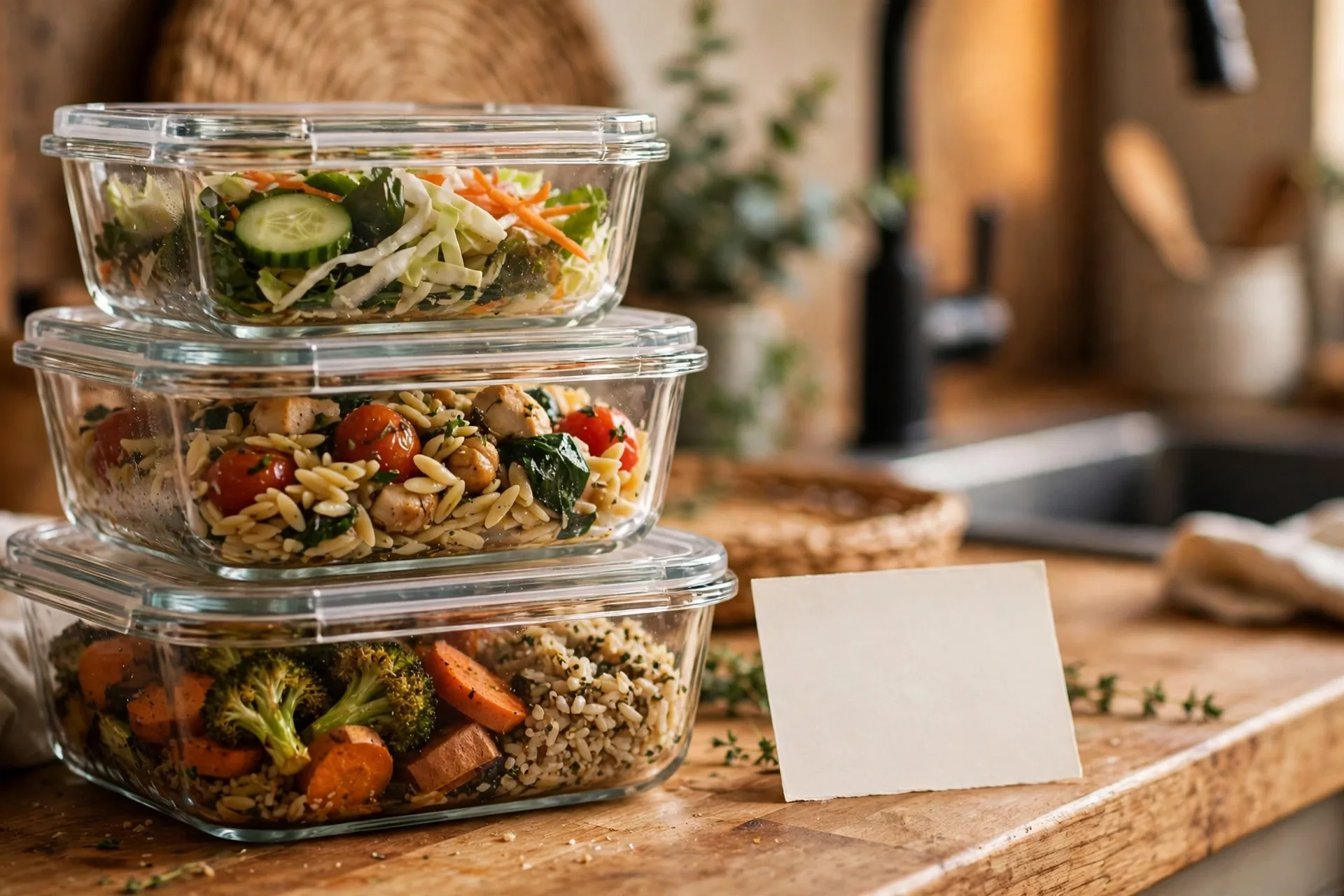 Stacked glass meal containers of home-cooked food with a small note card