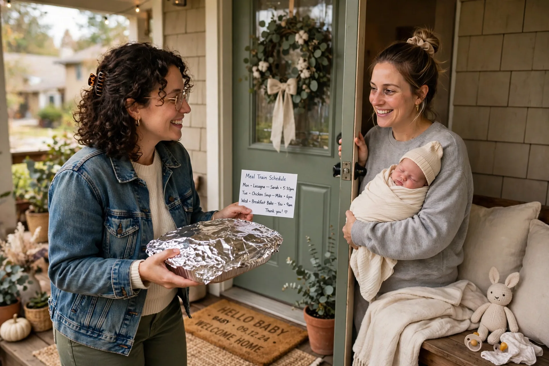 Friend dropping off a foil-covered casserole dish at a new mom's front door with a meal train card