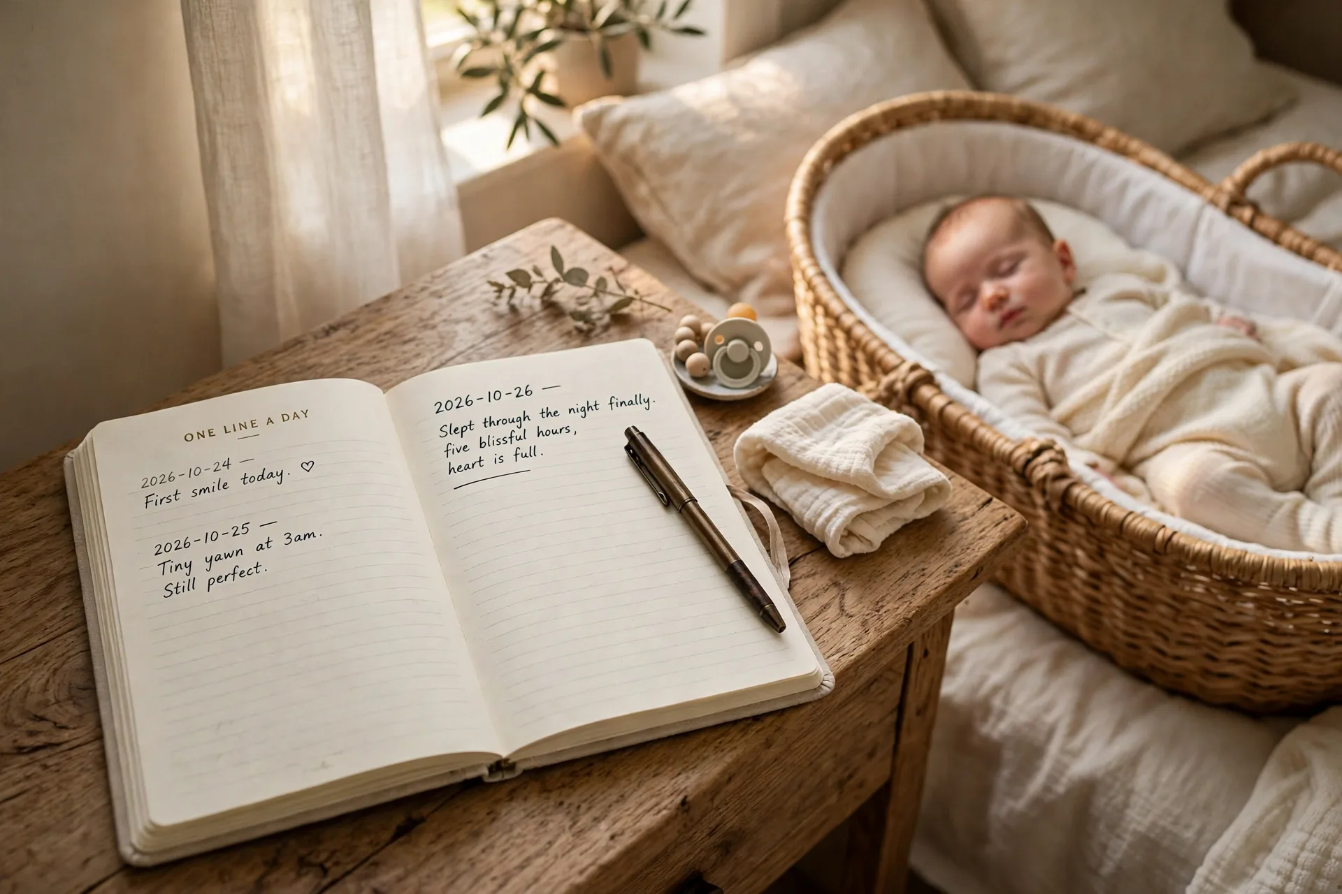 Open one-line-a-day journal with a pen and a single handwritten line, baby sleeping nearby