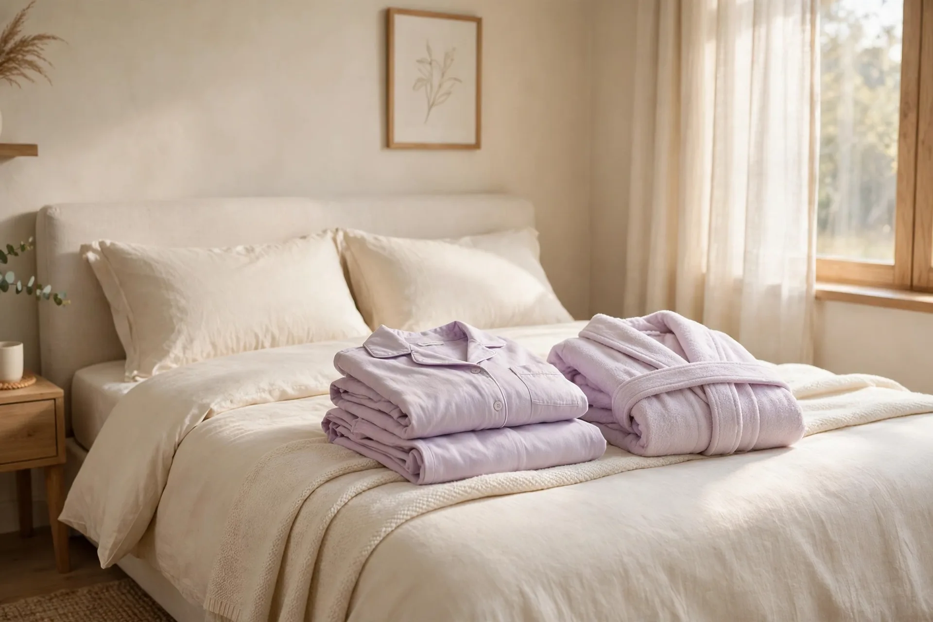 Folded soft pastel pajamas with a matching robe on a neatly made bed