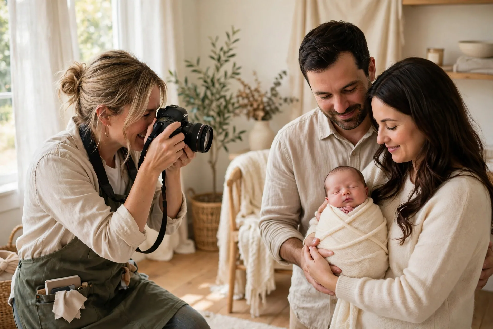 Newborn photo session in a bright home studio, parents holding a swaddled baby in soft wraps