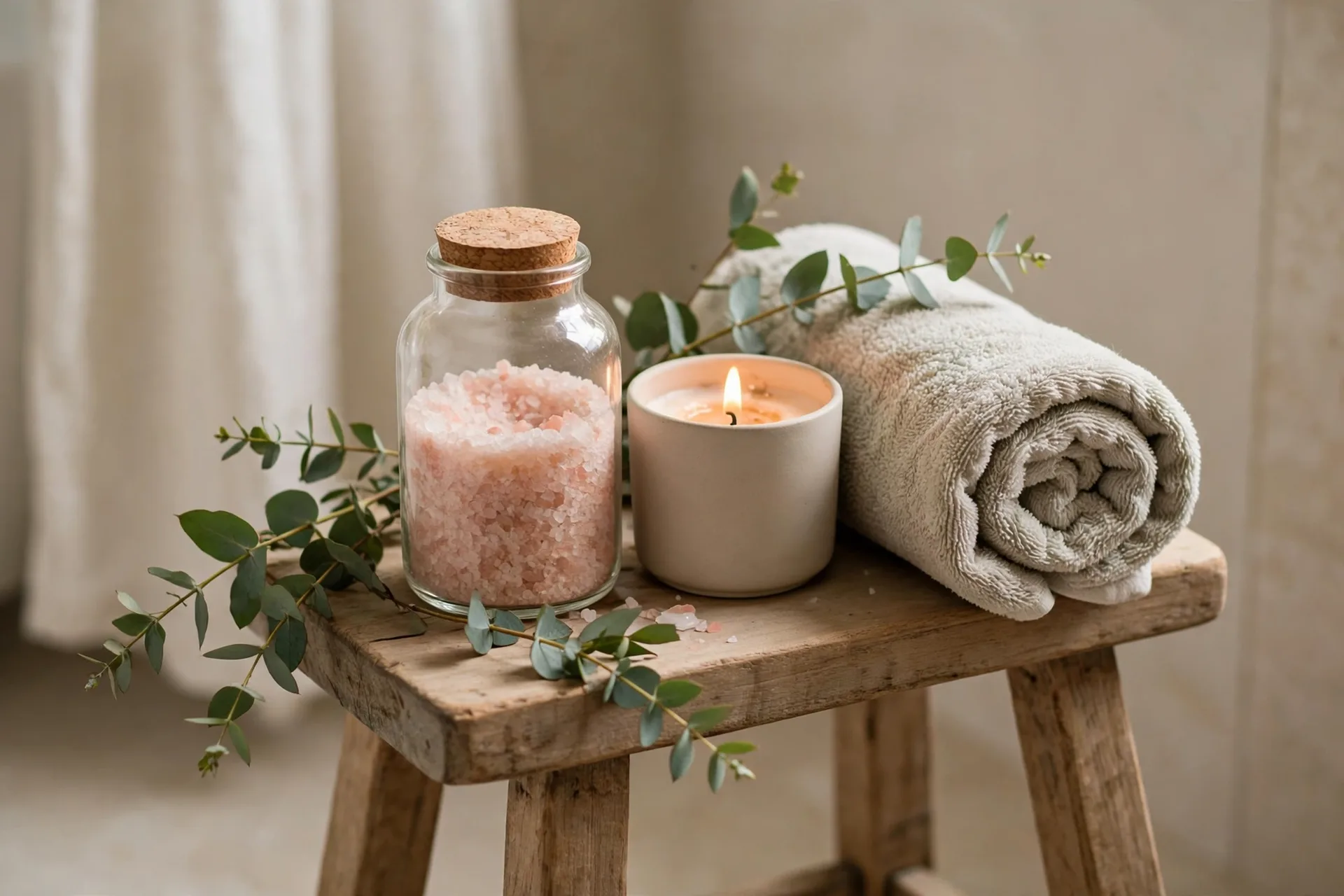 A calm self-care arrangement with bath salts, a candle, a soft towel and eucalyptus
