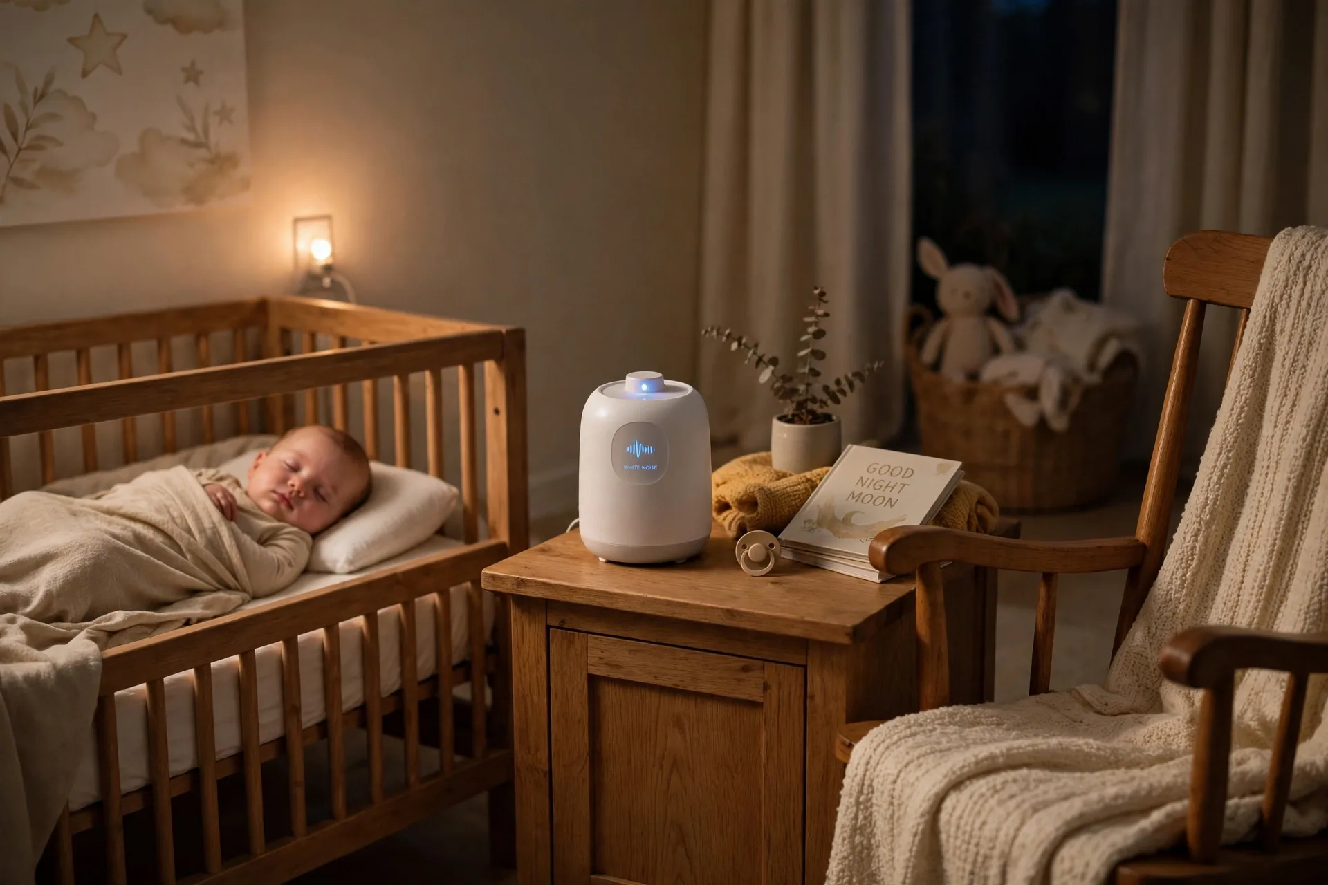 White noise sound machine on a nursery nightstand beside a rocking chair and a sleeping baby