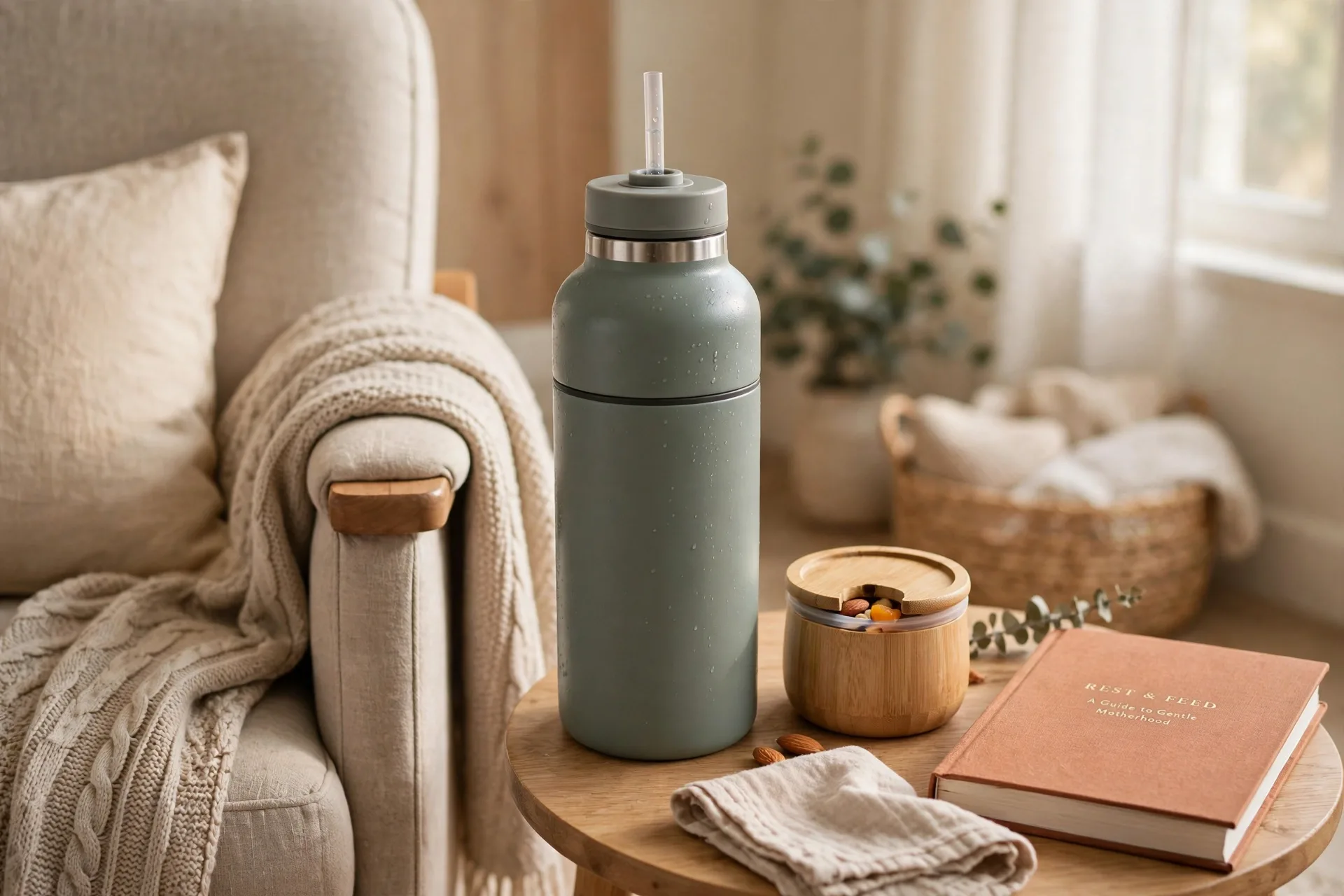 Large insulated water bottle with a straw on a nursing chair side table next to a snack container