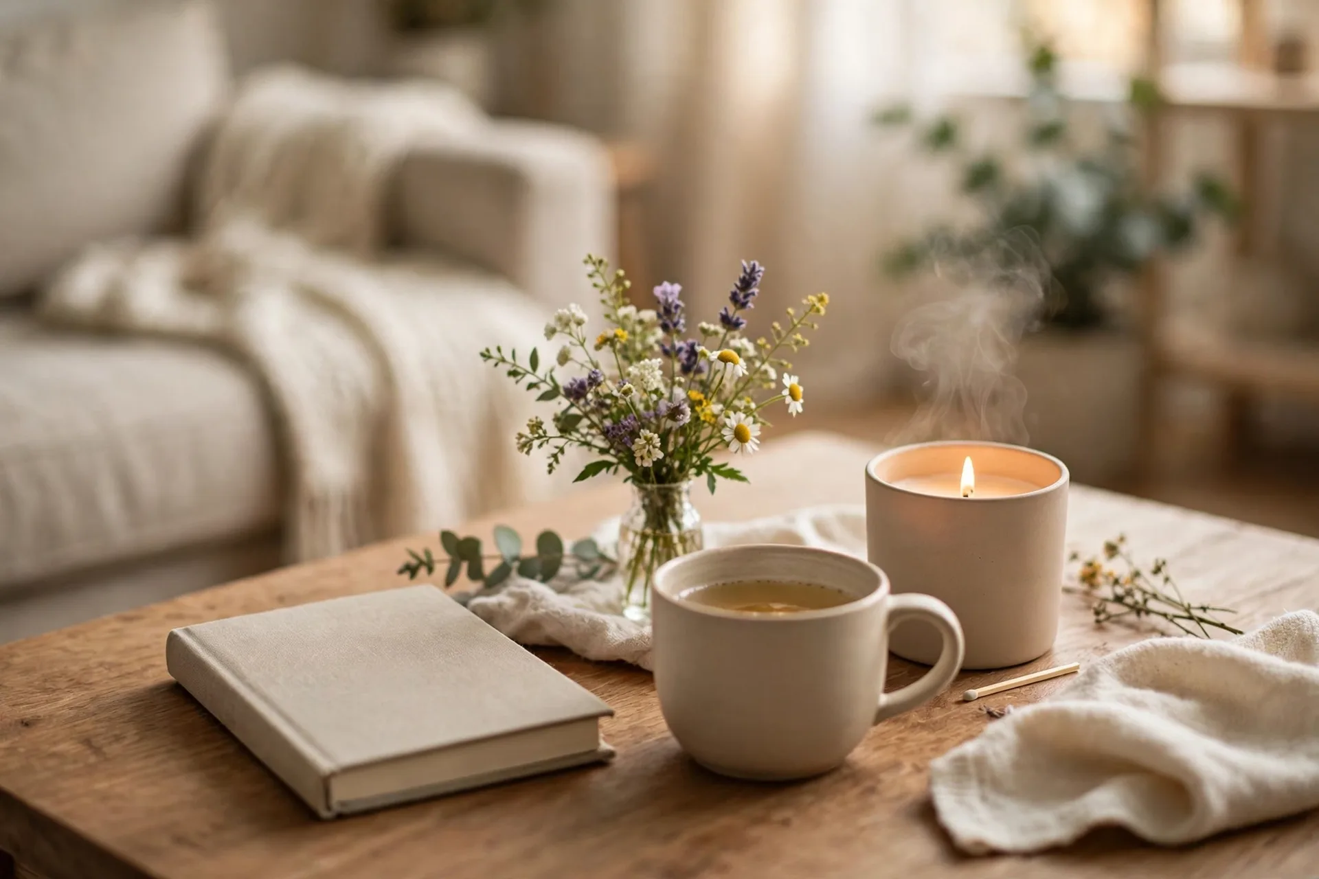 A thoughtfully arranged gift table for a new mom with a journal, tea, flowers and a candle