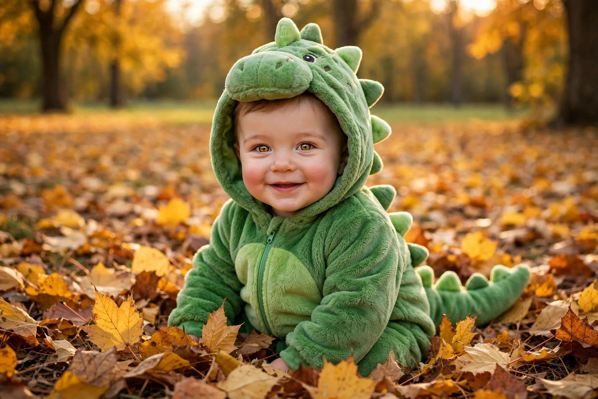 Baby boy in a green dinosaur Halloween costume with a tail and hood sitting in golden autumn leaves
