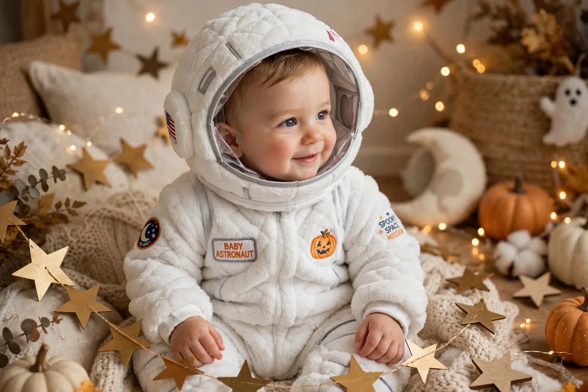 Baby boy in a little astronaut Halloween costume with a soft white spacesuit and helmet hood