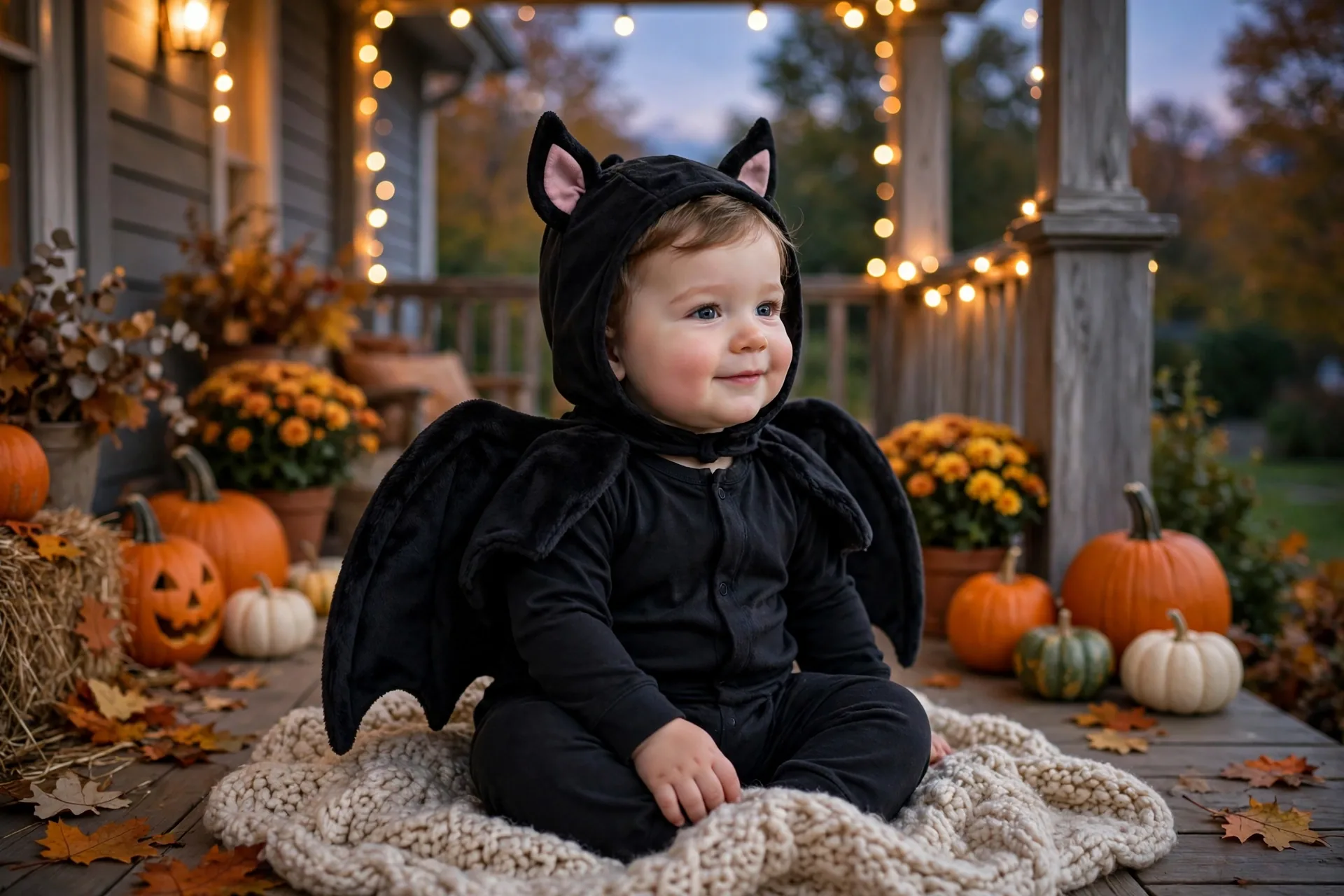 Baby boy in a black baby bat Halloween costume with soft fabric wings sitting on a cozy autumn porch with pumpkins