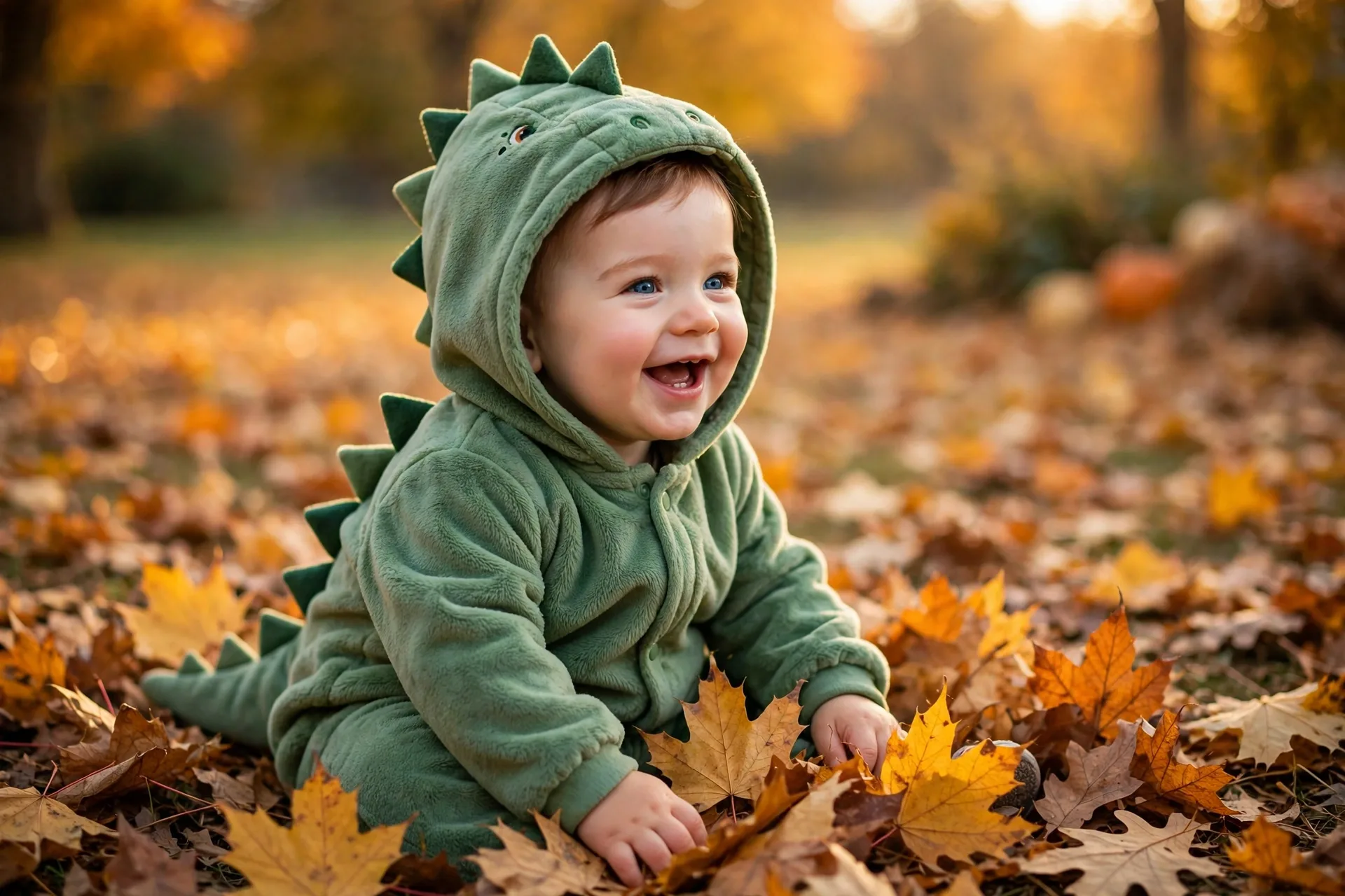 Baby boy in a green baby dinosaur Halloween costume sitting among autumn leaves