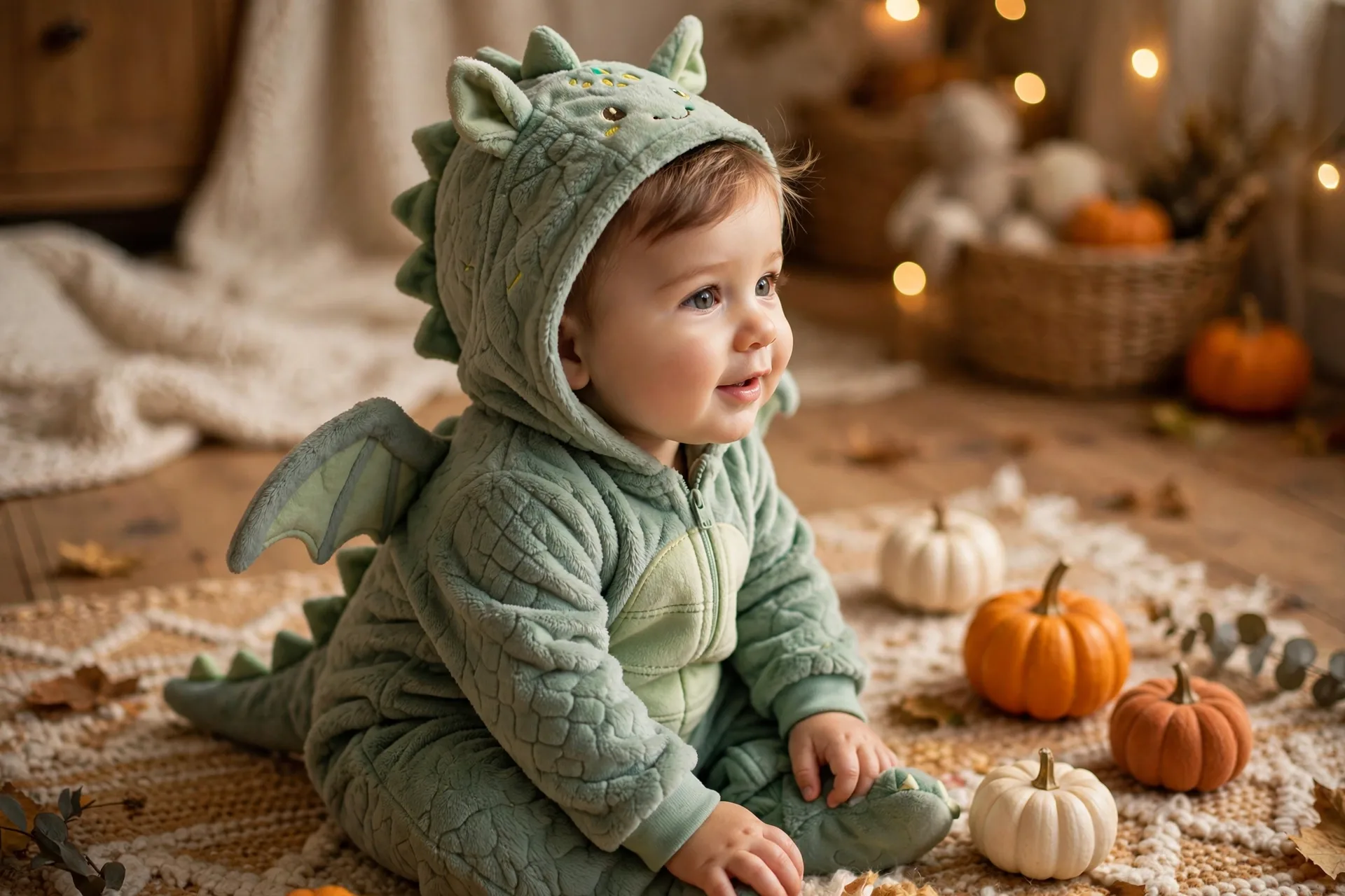 Baby boy in a baby dragon Halloween costume with soft wings and a friendly smile