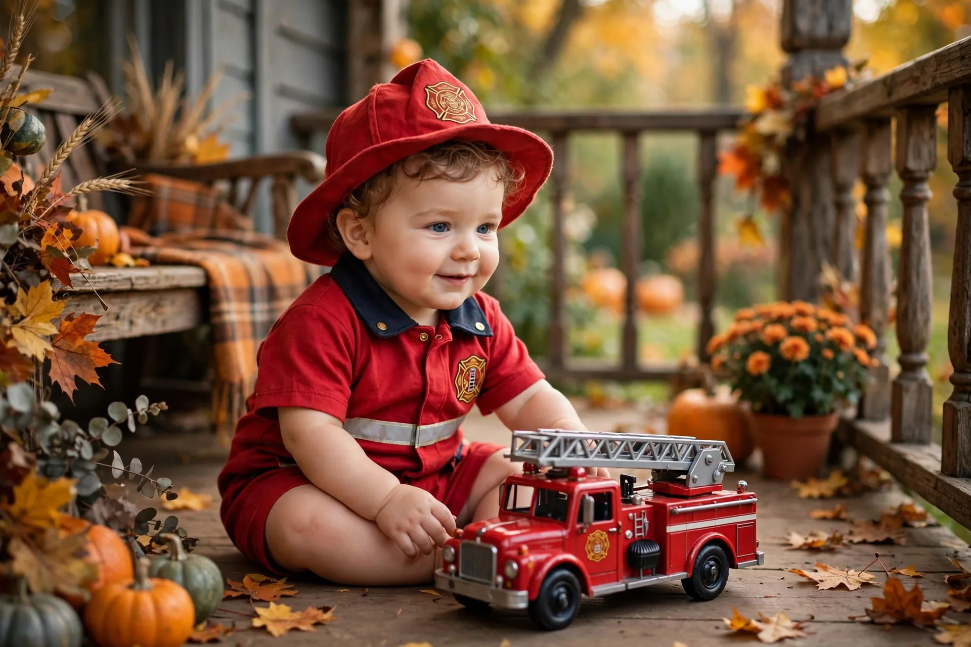 Baby boy in a soft red mini firefighter Halloween costume with a fabric firefighter hat sitting next to a toy fire truck
