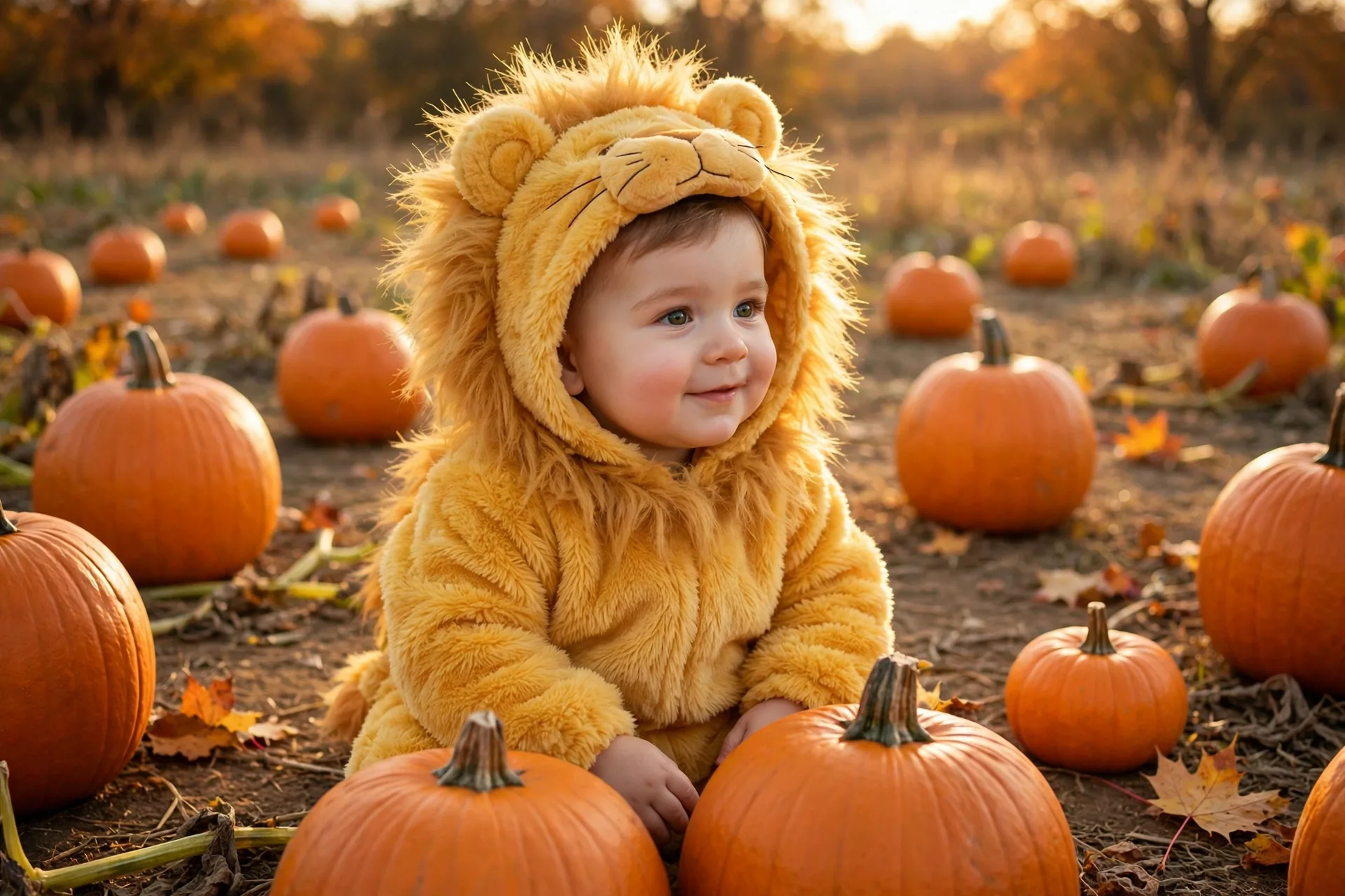 Baby boy in a golden lion Halloween costume with a fluffy mane hood sitting in a pumpkin patch