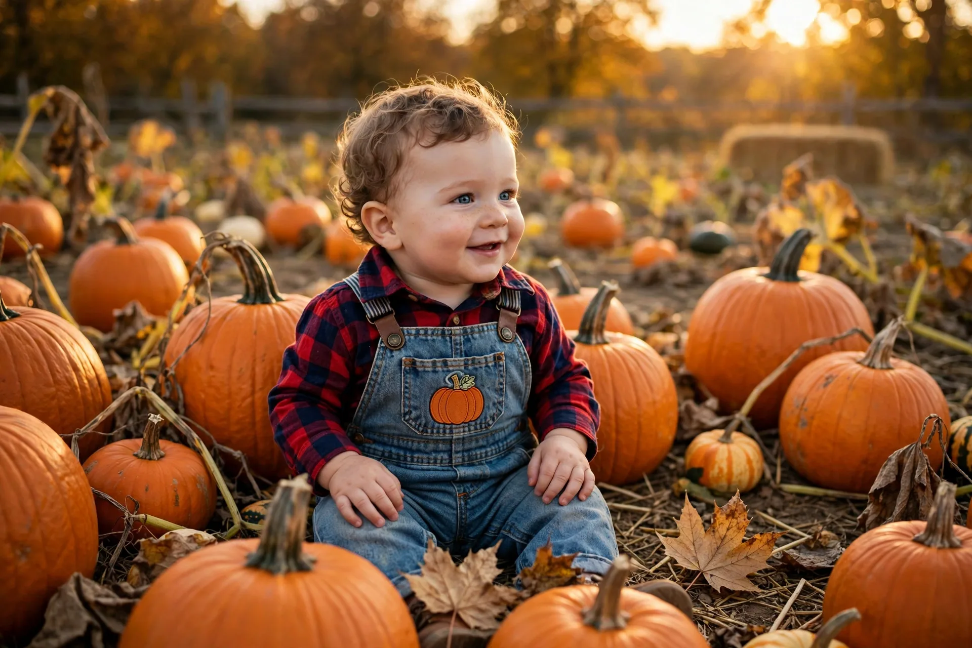 Baby boy as a pumpkin-patch kid for Halloween sitting in a pumpkin patch in a plaid shirt