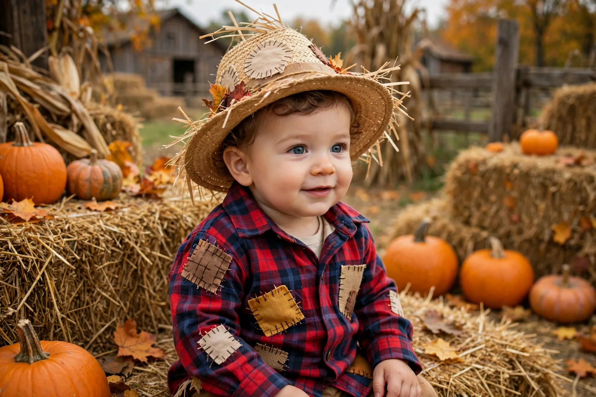 Baby boy in a closet scarecrow Halloween costume with a plaid shirt and straw hat