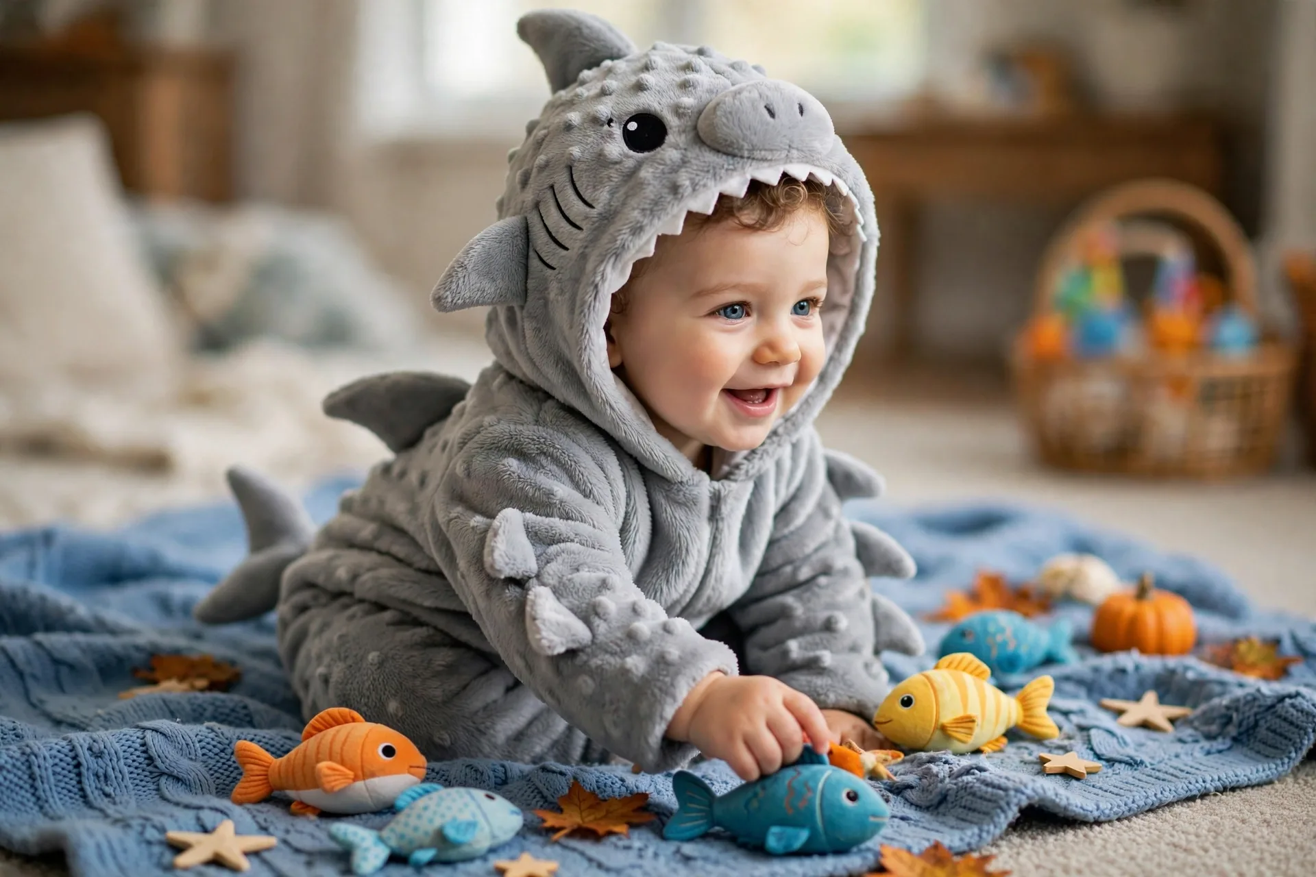 Baby boy in a baby shark Halloween costume with a gray shark hood and soft fins