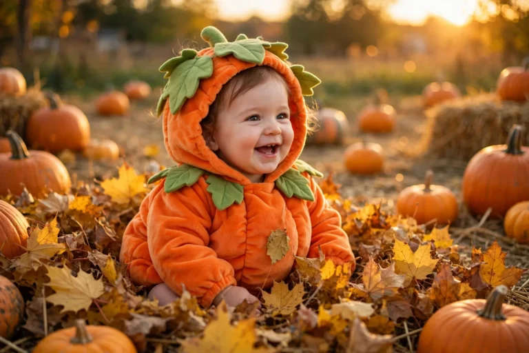 Baby girl in an orange pumpkin Halloween costume with a green leaf hood sitting in golden autumn leaves