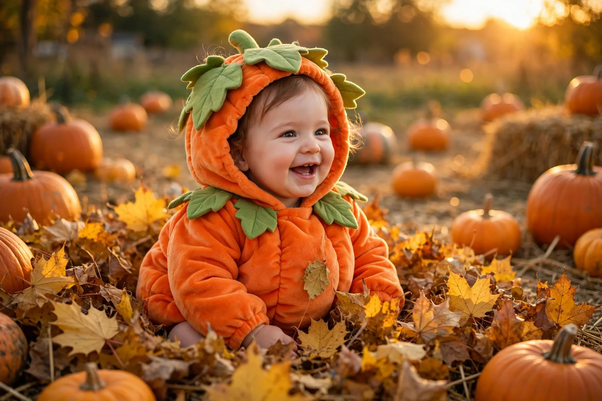Baby girl in an orange pumpkin Halloween costume with a green leaf hood sitting in golden autumn leaves