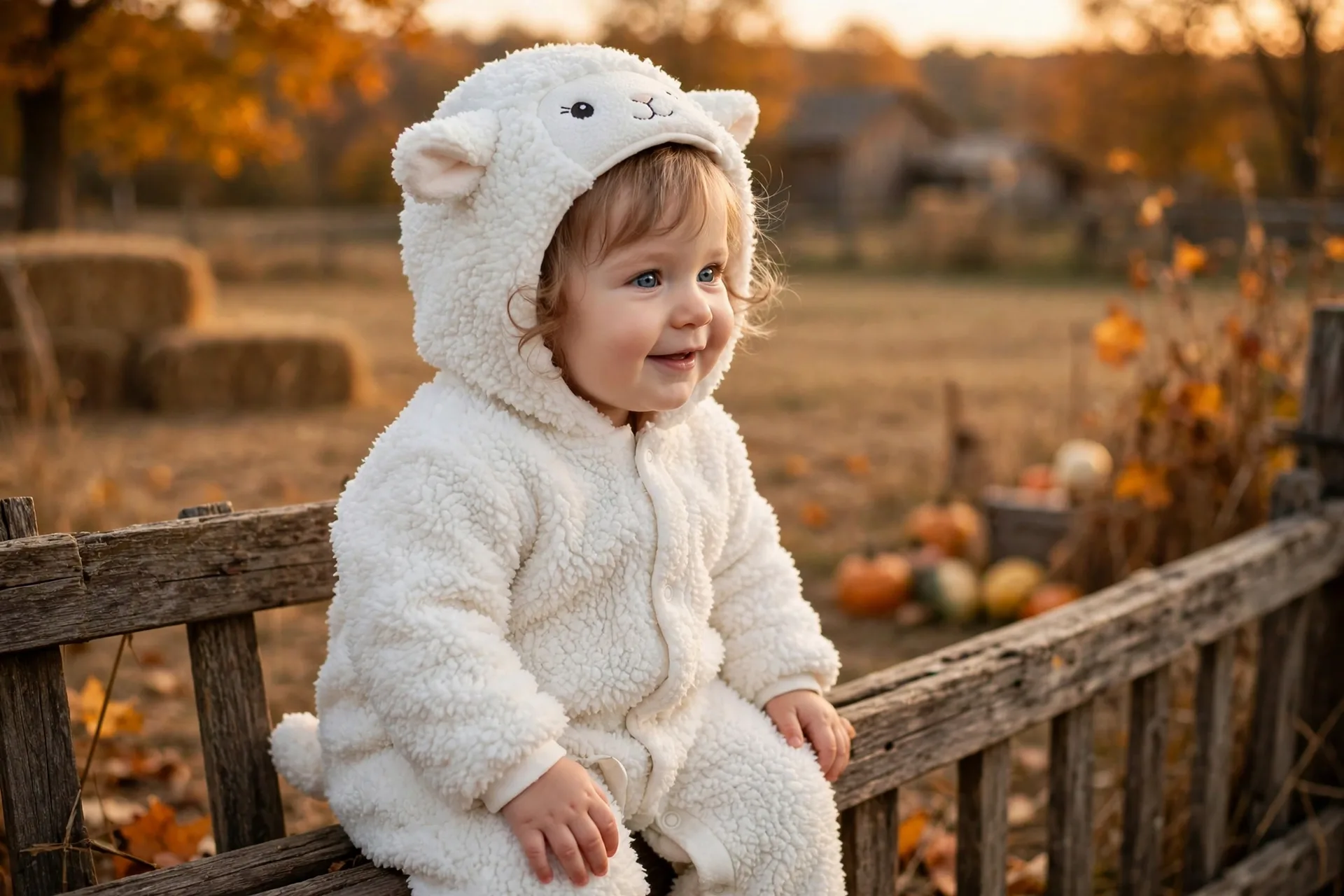 Baby girl in a white fluffy lamb Halloween costume sitting on a farm fence