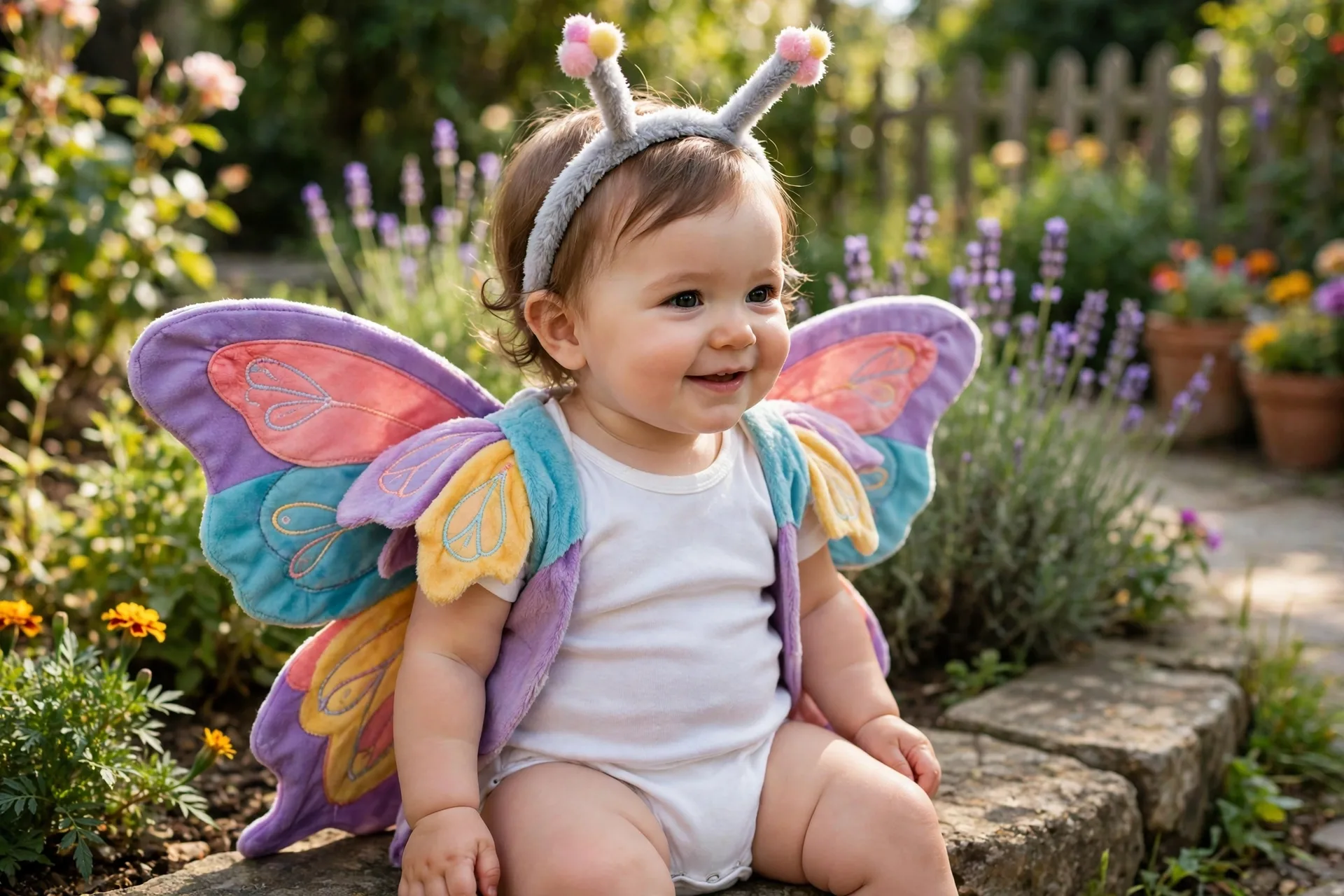 Baby girl in a butterfly Halloween costume with soft fabric wings over a plain onesie