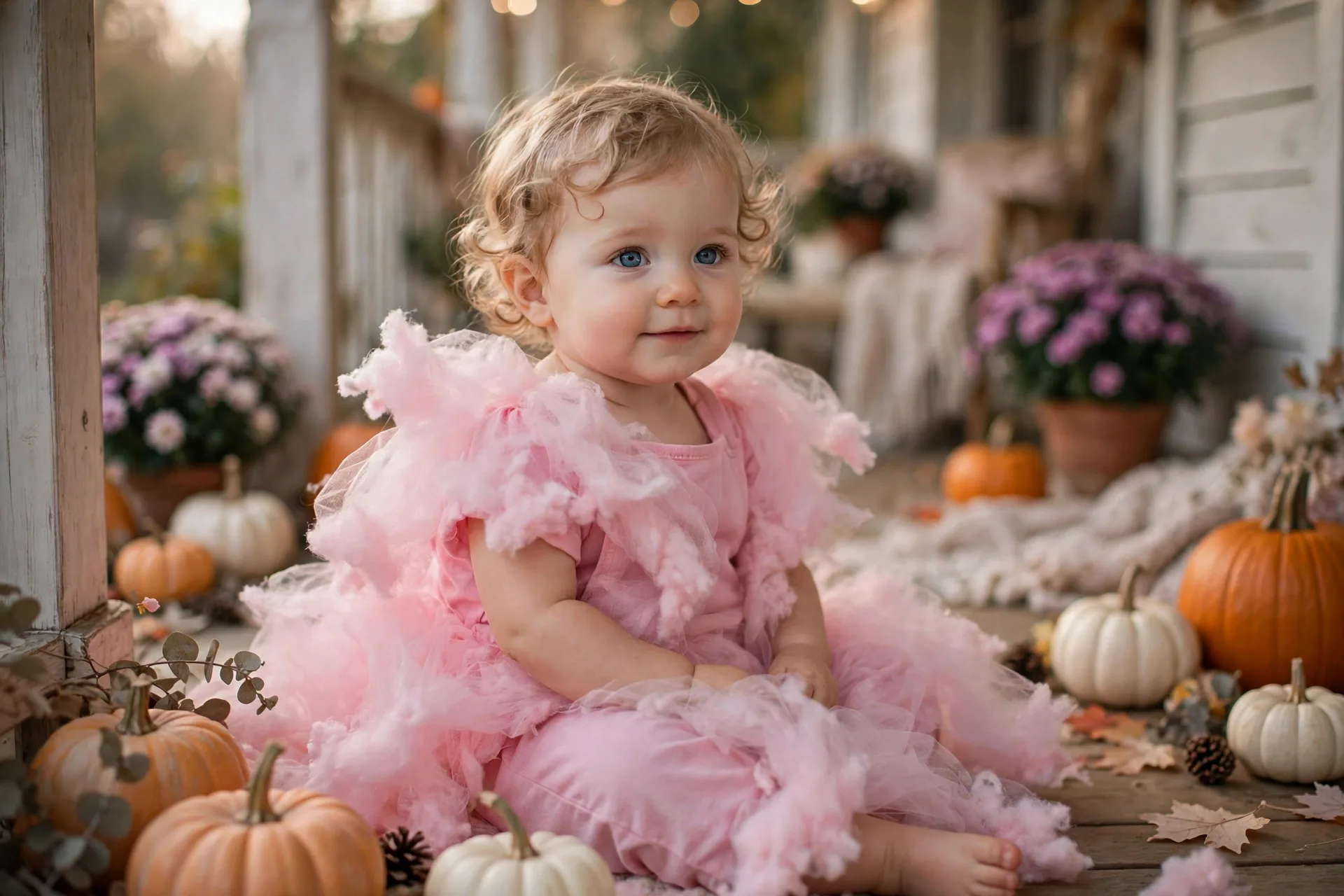 Baby girl in a pink cotton candy Halloween costume with soft tulle wrapped loosely around a pastel romper