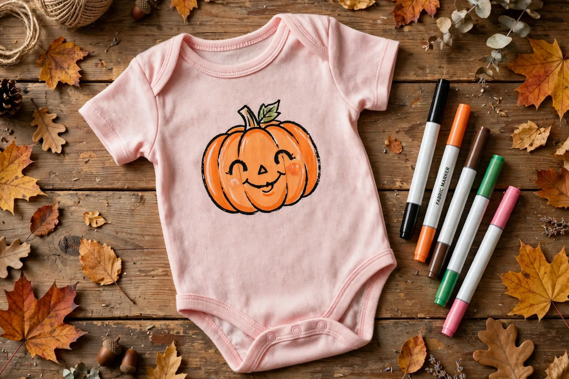 Flat-lay of a pink baby onesie hand-painted with a smiling pumpkin face and fabric markers on a wooden table