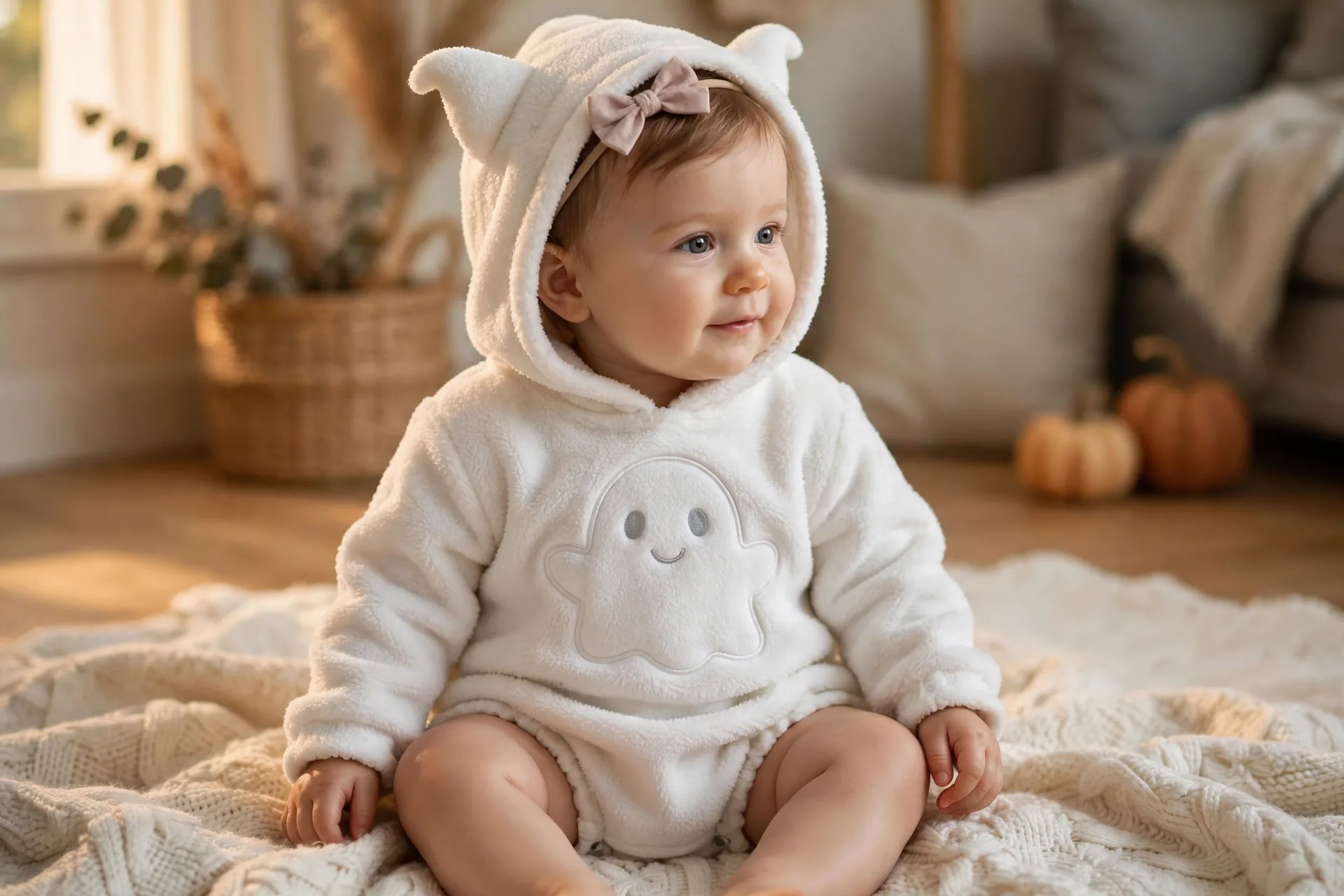 Baby girl in a soft white ghost Halloween costume romper with a friendly ghost face on the chest