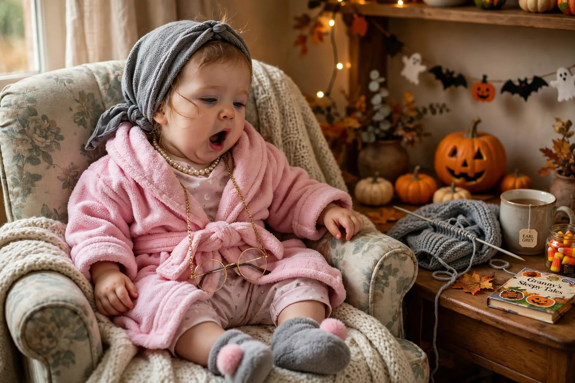 Baby girl dressed as a funny tired granny for Halloween in a soft pink bathrobe with a gray headscarf