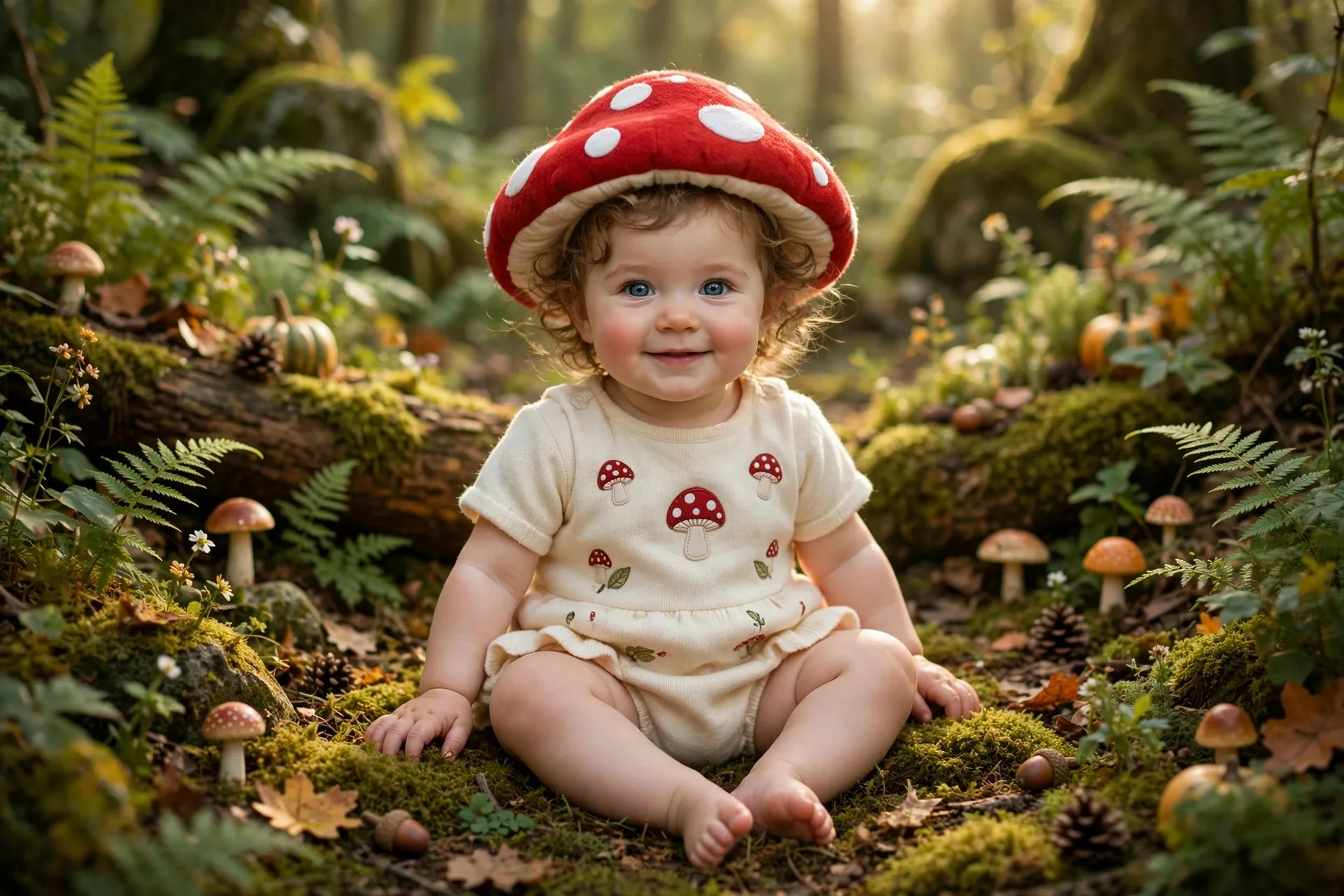 Baby girl in a mini mushroom Halloween costume with a red spotted cap over a cream romper