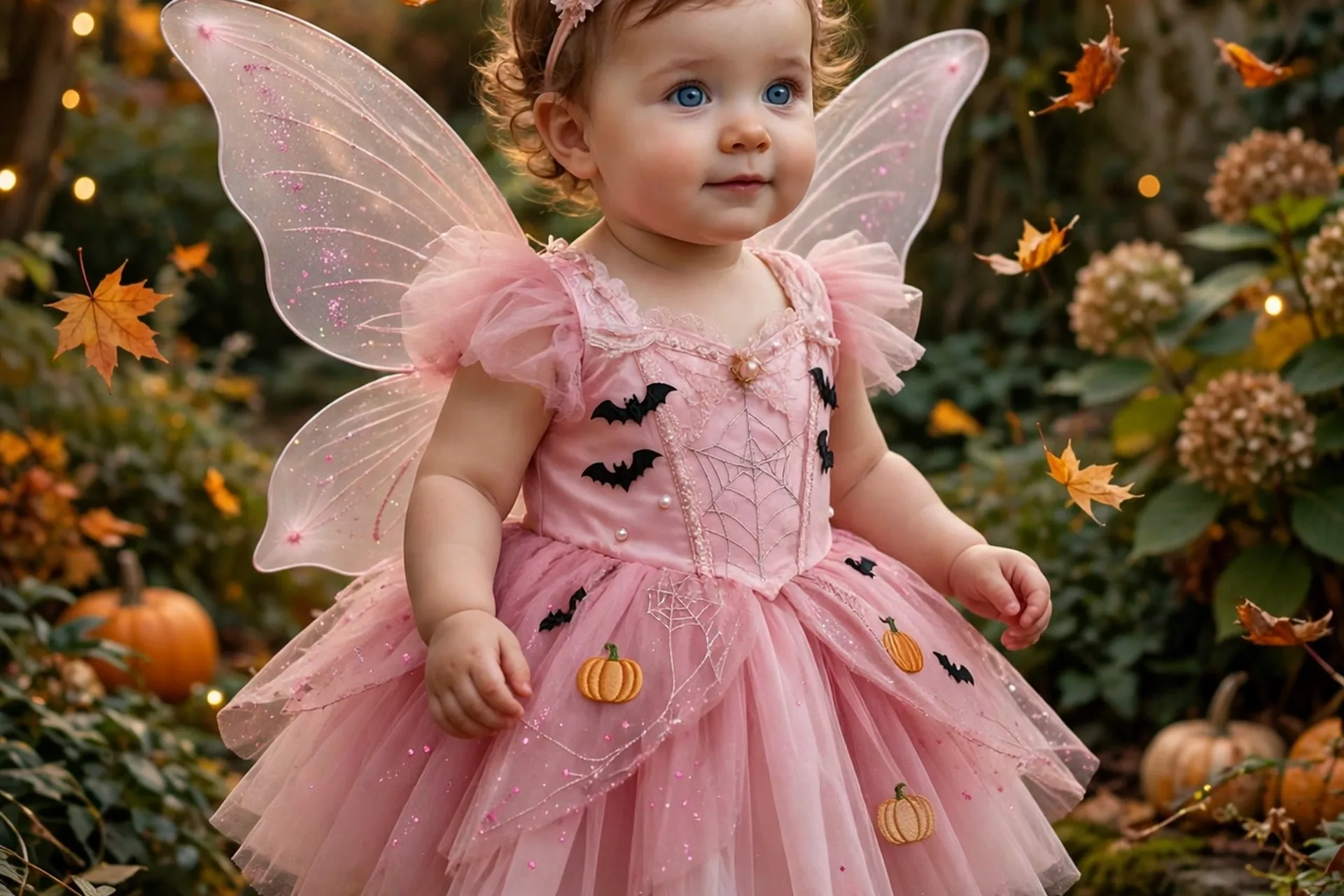 Baby girl in a pink fairy princess Halloween costume with soft wings in an autumn garden