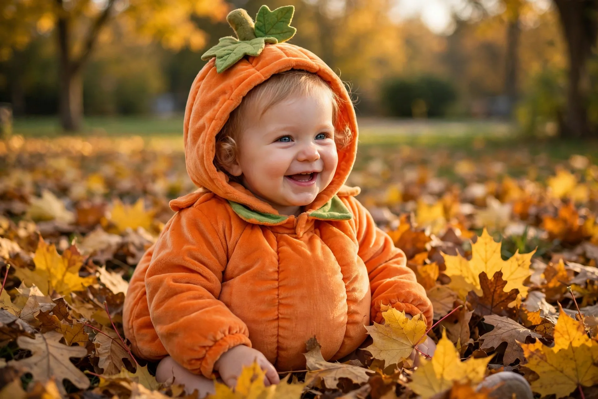 Baby girl in an orange pumpkin Halloween costume with a green leaf hood sitting in golden autumn leaves