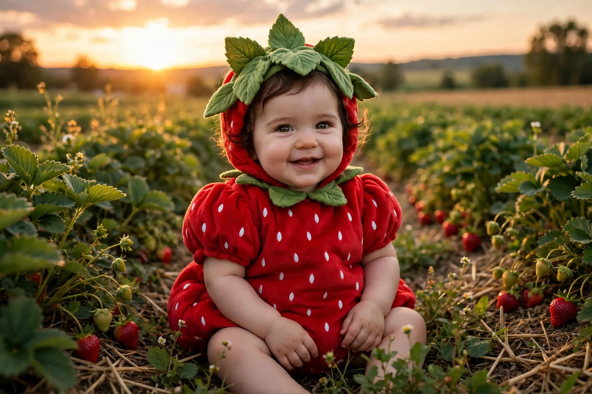 Baby girl in a red strawberry Halloween costume with a green leaf cap in a strawberry field