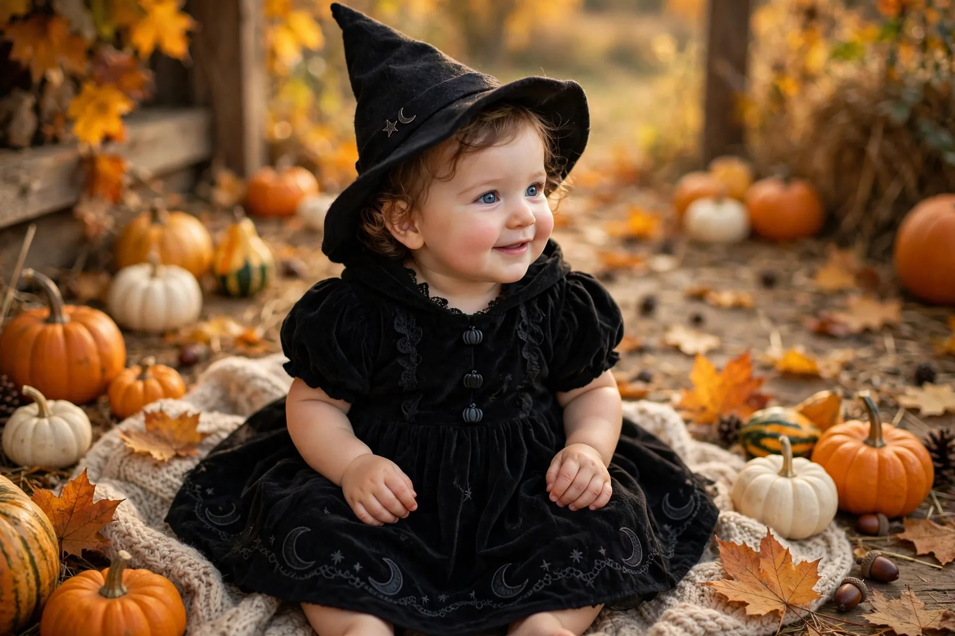 Baby girl in a tiny black witch Halloween dress with a soft pointy hat sitting among pumpkins
