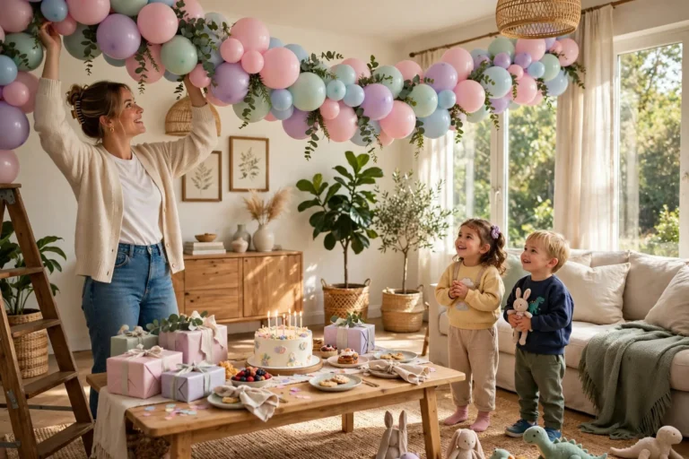 Mom hanging a pastel balloon garland arch high over a birthday cake table while two young kids watch