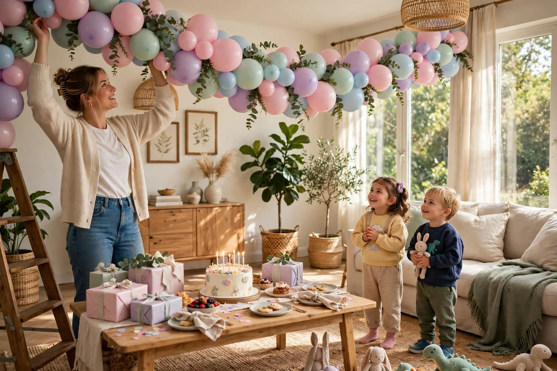 Mom hanging a pastel balloon garland arch high over a birthday cake table while two young kids watch