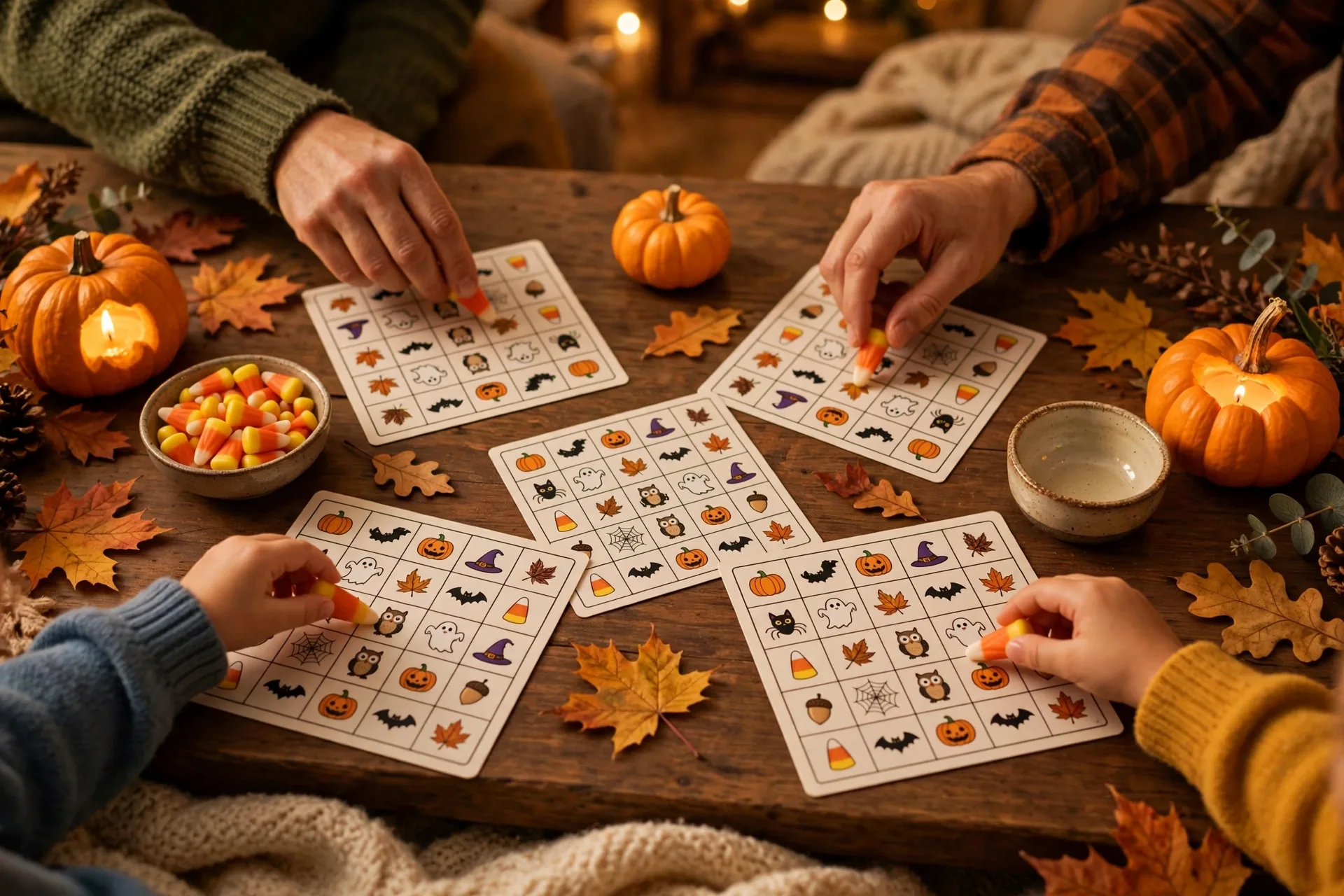 Family playing Halloween bingo at a cozy game night table with bingo cards, candy corn markers, and pumpkins