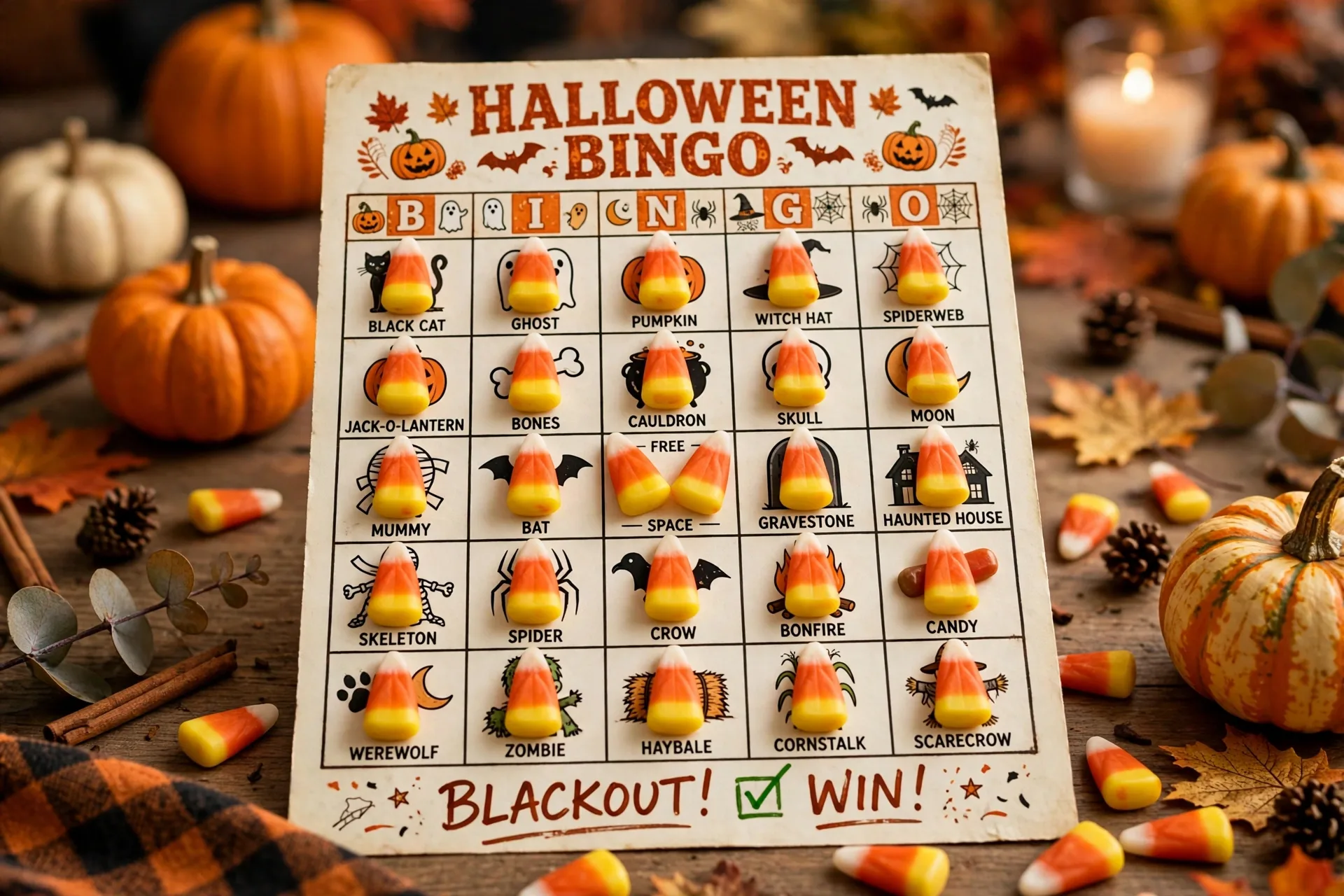 A completed blackout Halloween bingo card fully covered in candy corn markers